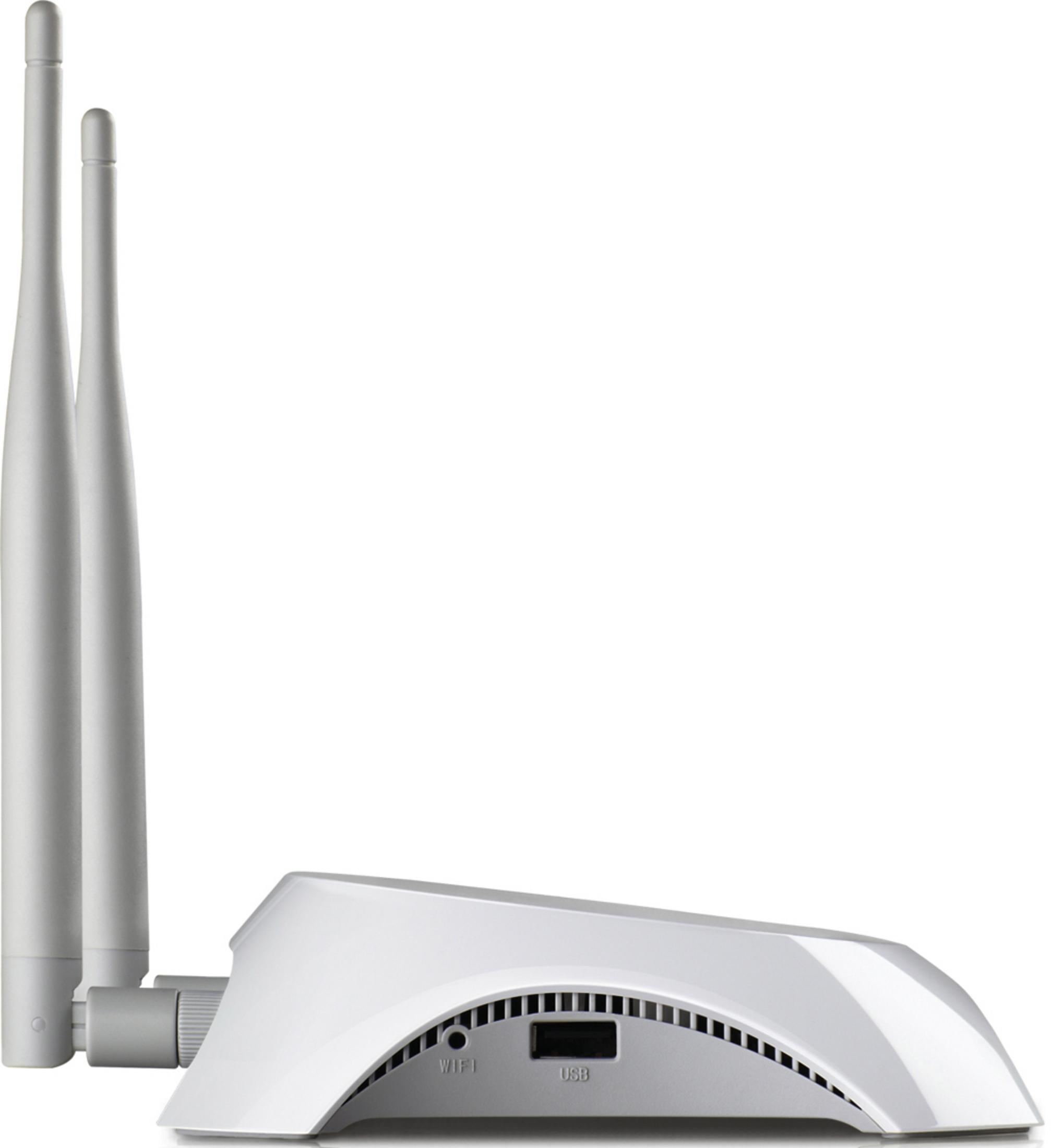 Biały router z dwiema antenami, portami USB i WiFi.