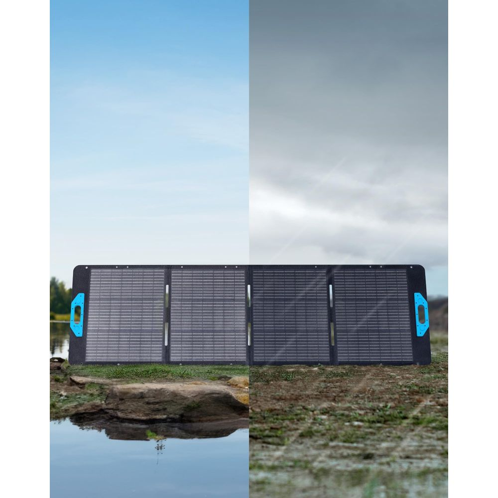 Składany panel słoneczny leży na skalistym podłożu obok zbiornika wodnego.