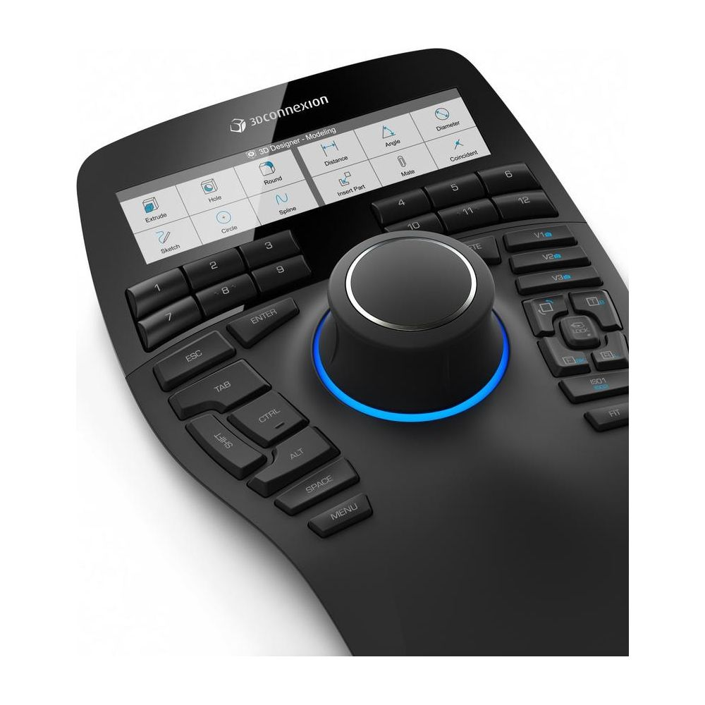 A black 3D mouse input device with many buttons and a blue ring around a wheel.