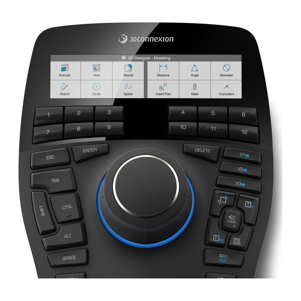 A black 3D mouse controller device with a screen and many buttons.