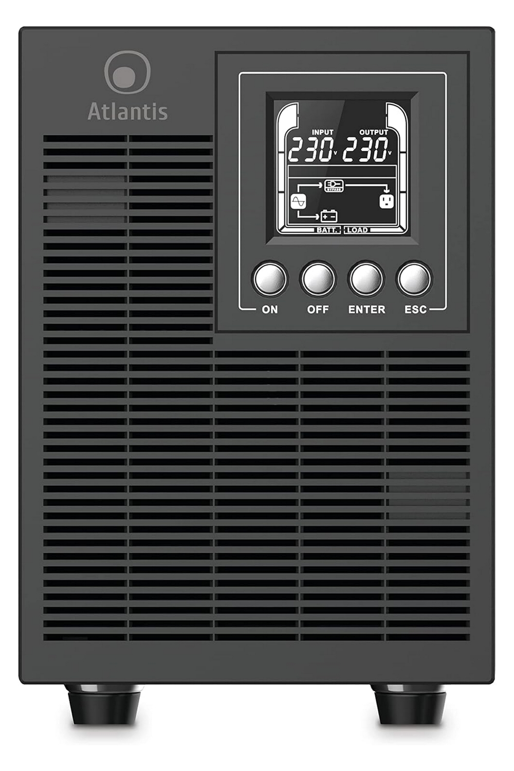 UPS Atlantis con display mostra 230V input/output, stato batteria.