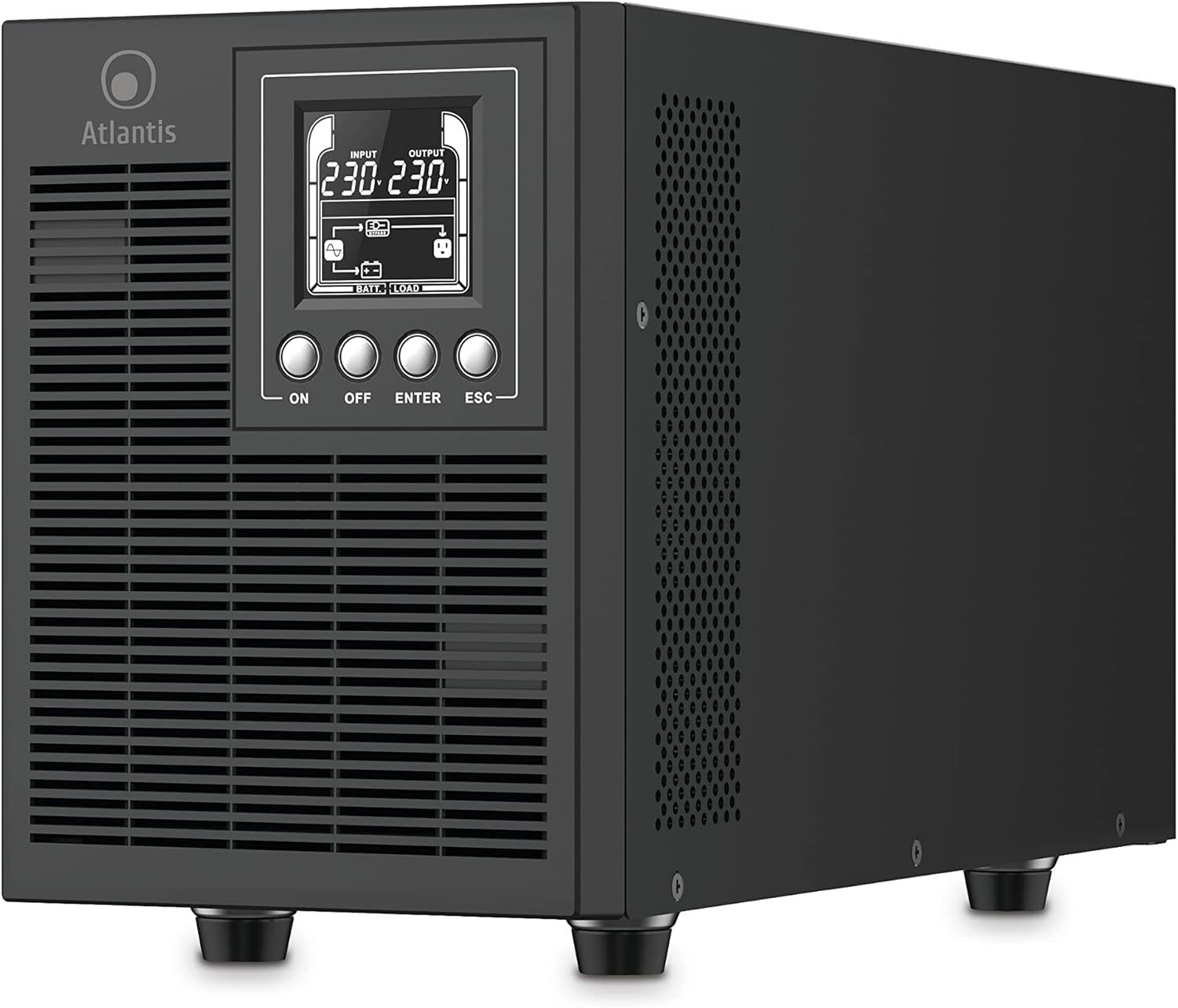 UPS Atlantis nero con display digitale che mostra 230V in/out e quattro pulsanti.