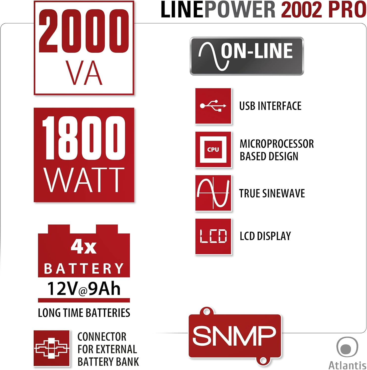 LINEPOWER 2002 PRO: 2000 VA, 1800W, 4x 12V 9Ah batterie, online, USB, CPU, sinewave, LCD.