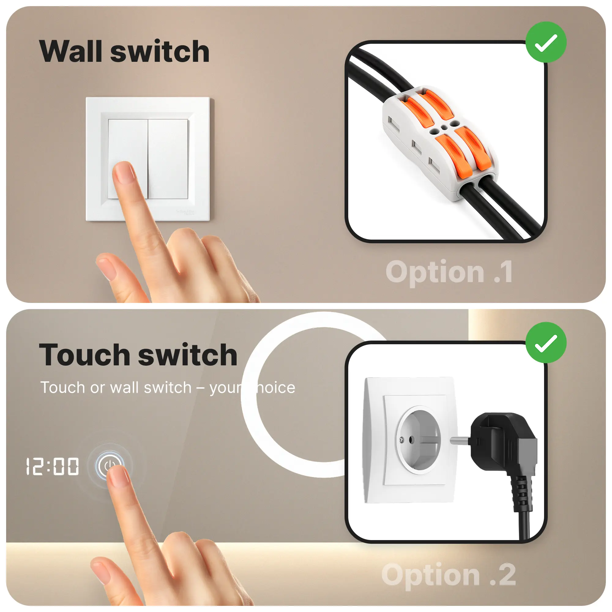 Boven: Vinger drukt lichtschakelaar. Beneden: Vinger raakt touch-schakelaar.