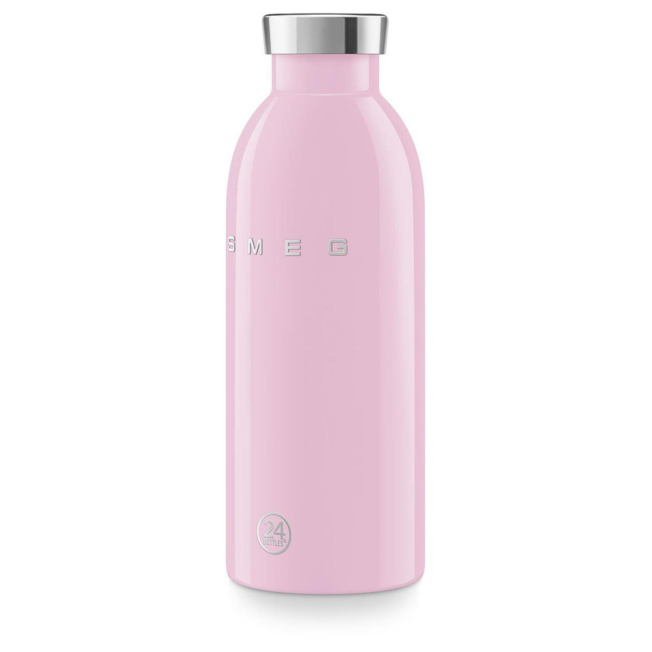 Gümüş kapaklı ve 24 Bottles logolu pembe Smeg şişe.