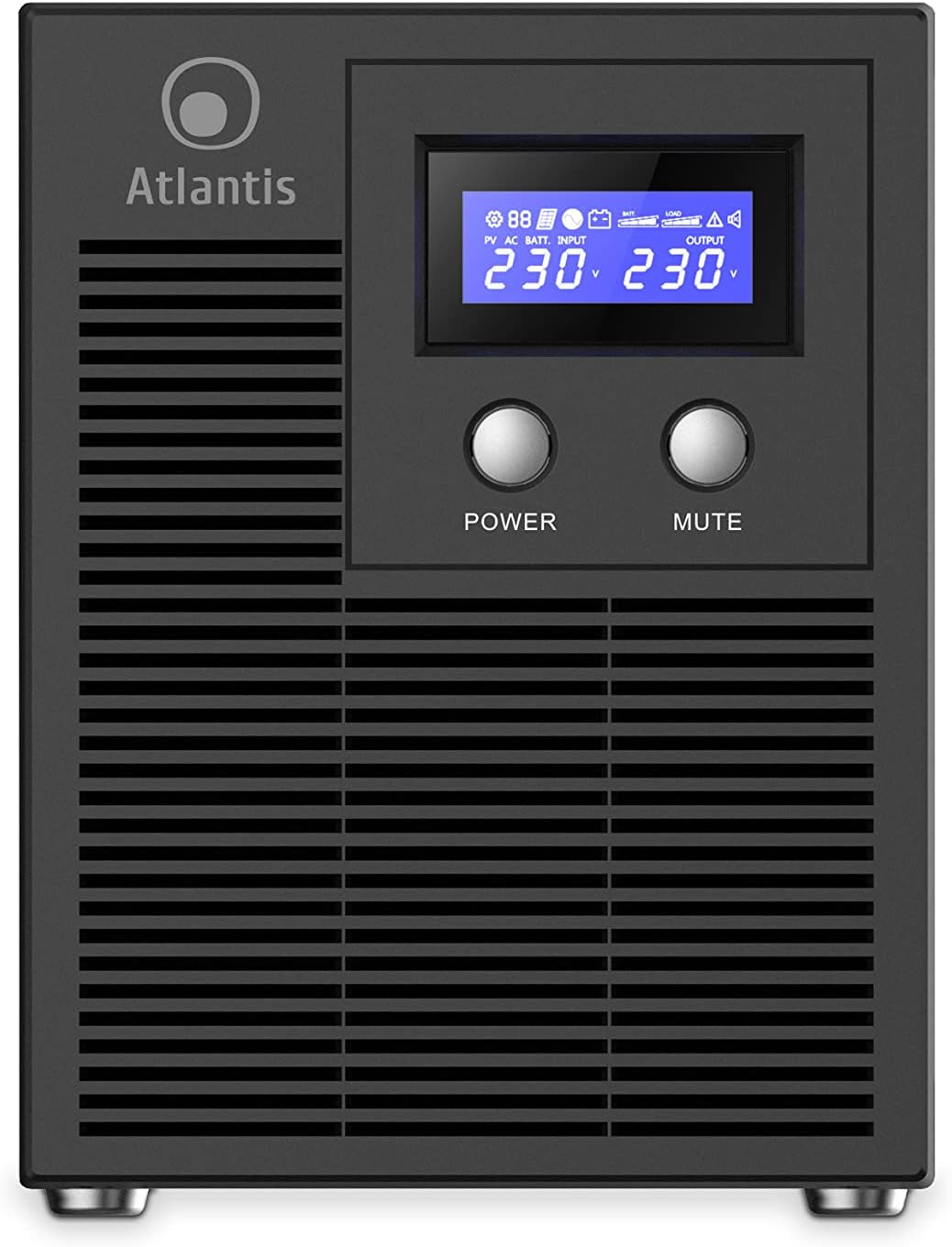 Dispositivo Atlantis nero con schermo LCD, due pulsanti e fessure di ventilazione.