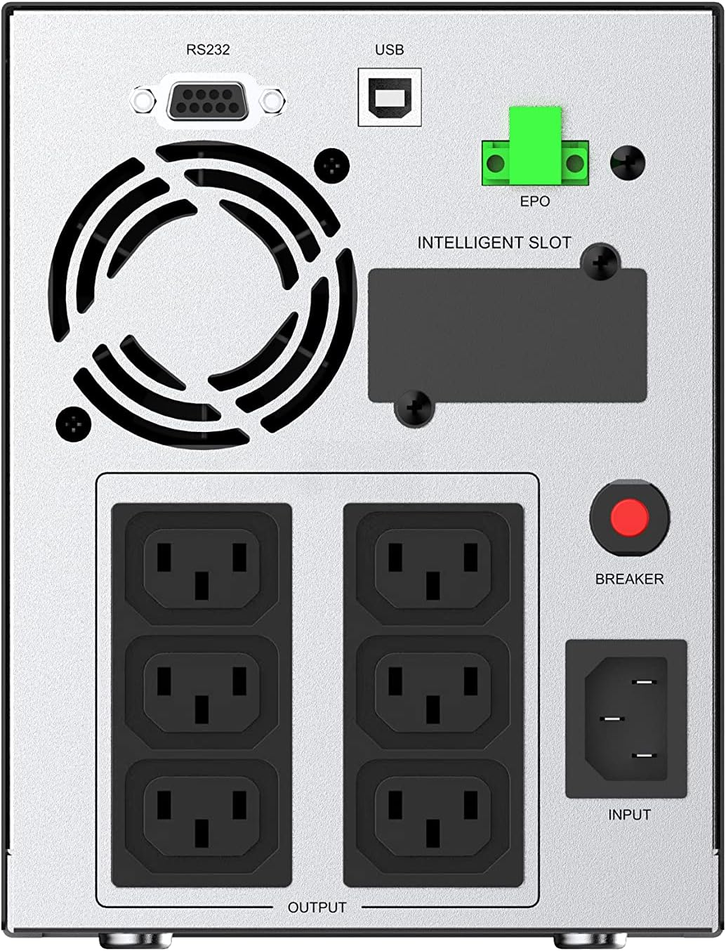 Pannello posteriore di un dispositivo con ventola, RS232, USB, EPO, prese e interruttore.