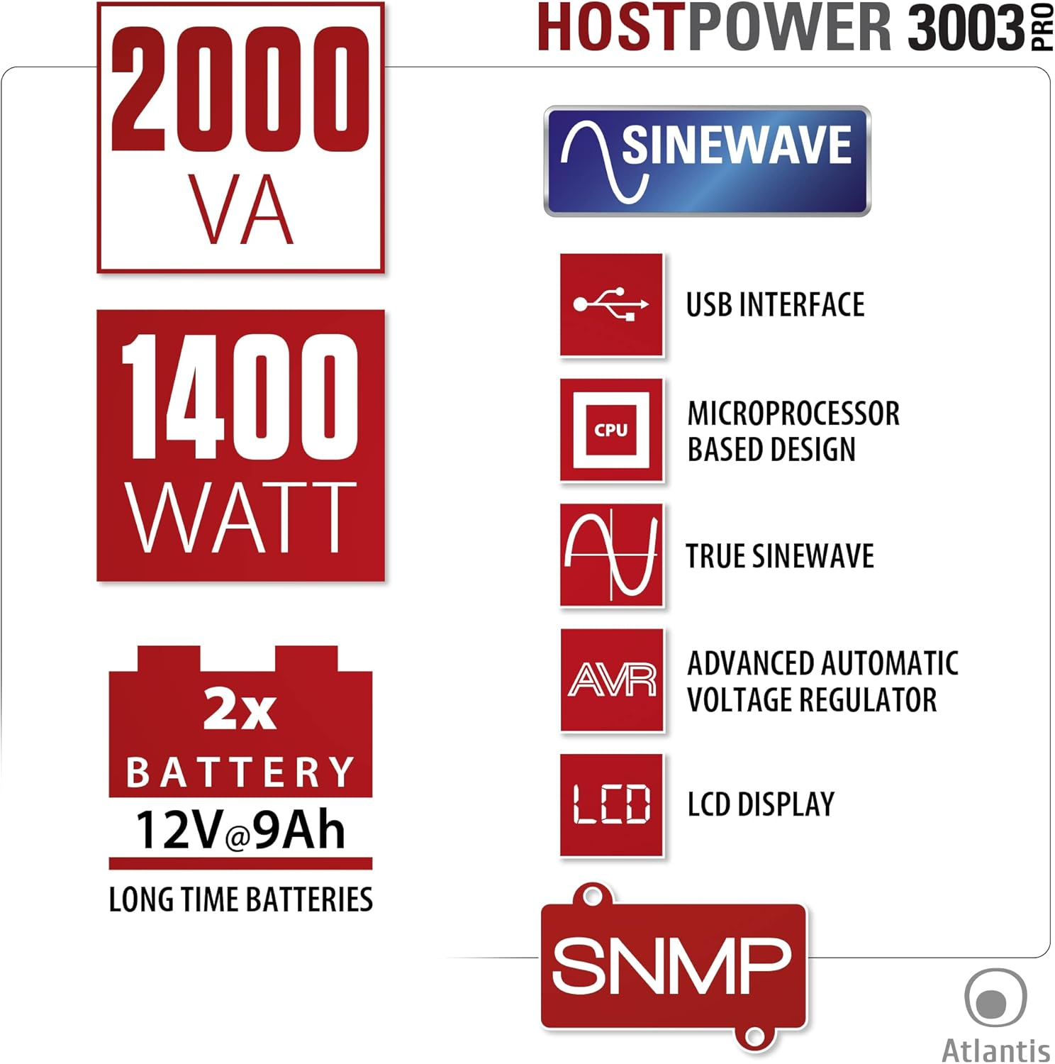 UPS Hostpower 3003: 2000VA, 1400W, 2x batteria 12V/9Ah, Sinewave, USB, CPU, AVR, LCD.