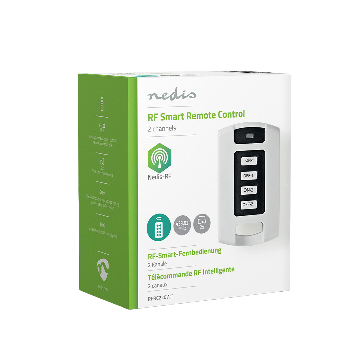 Verpackung eines Nedis RF Smart Remote Control mit weißer Fernbedienung.
