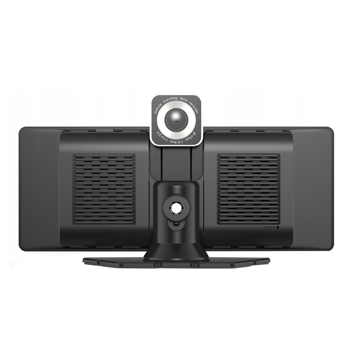 Retro di una dash cam nera con obiettivo e griglie di ventilazione.