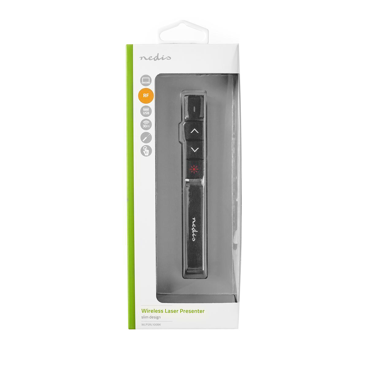 Nedis Fernbedienung in Verpackung mit Symbolen für RF, USB und 30m Reichweite.