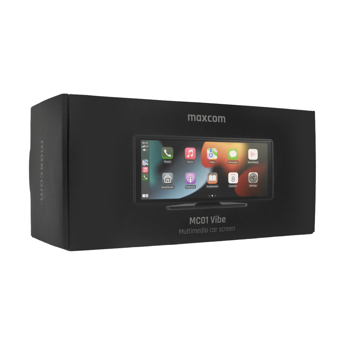 Scatola nera Maxcom con schermo multimediale per auto con icone app.