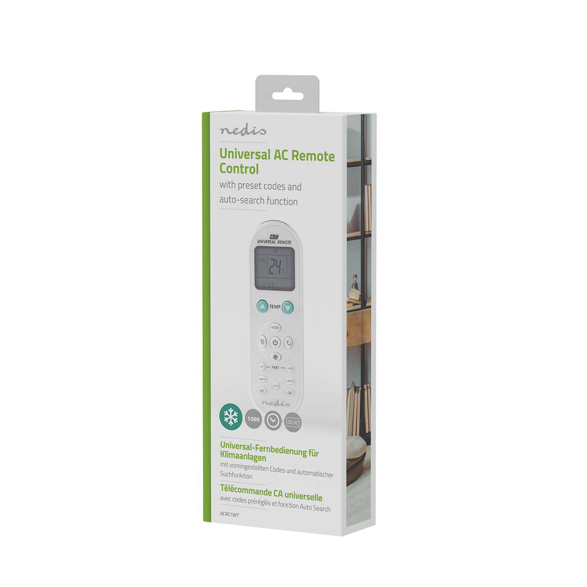 Verpackung einer Nedis Universal-Klimaanlagenfernbedienung mit Display und Tasten.
