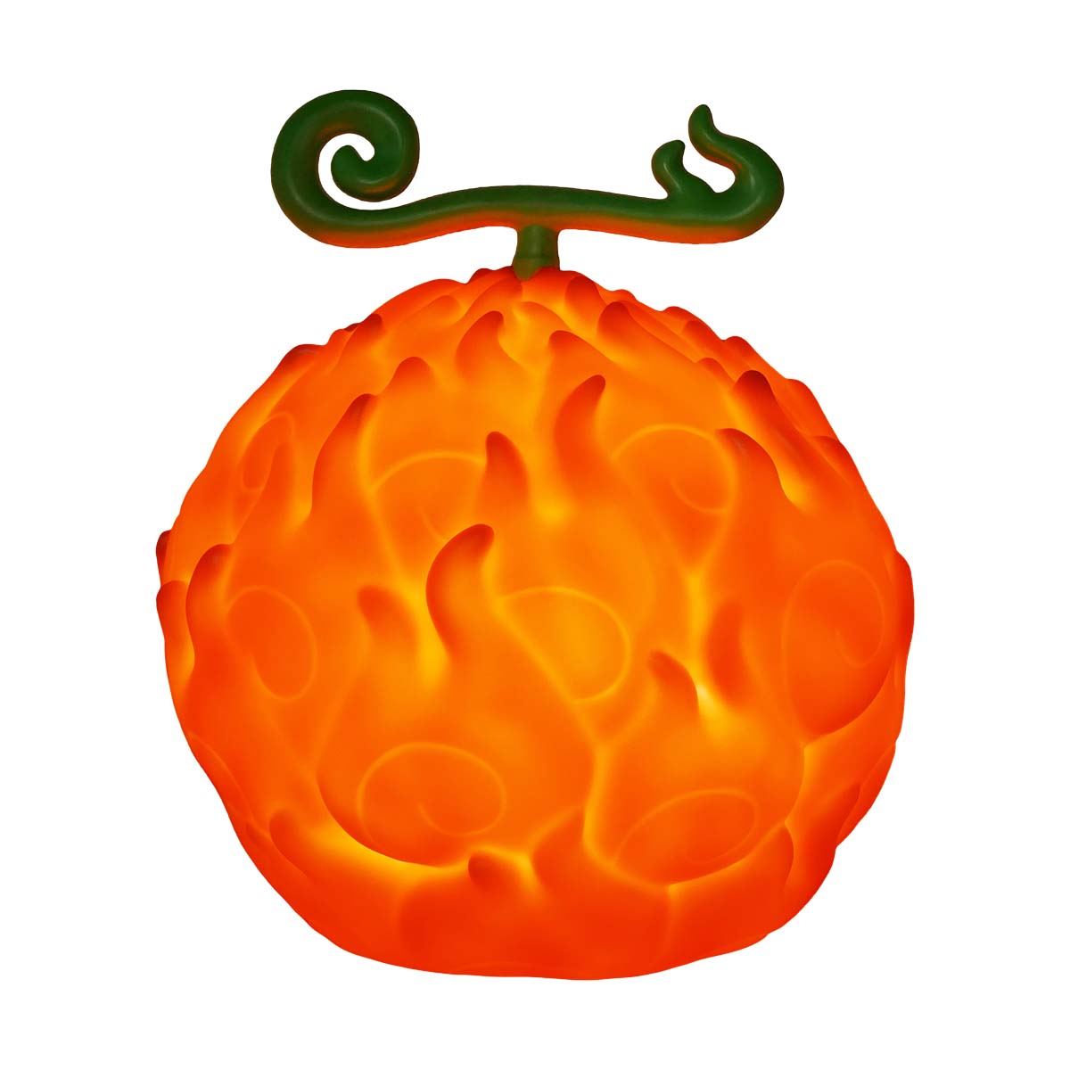 Eine orangefarbene, flammende Frucht mit einem grünen Stiel und Blättern.
