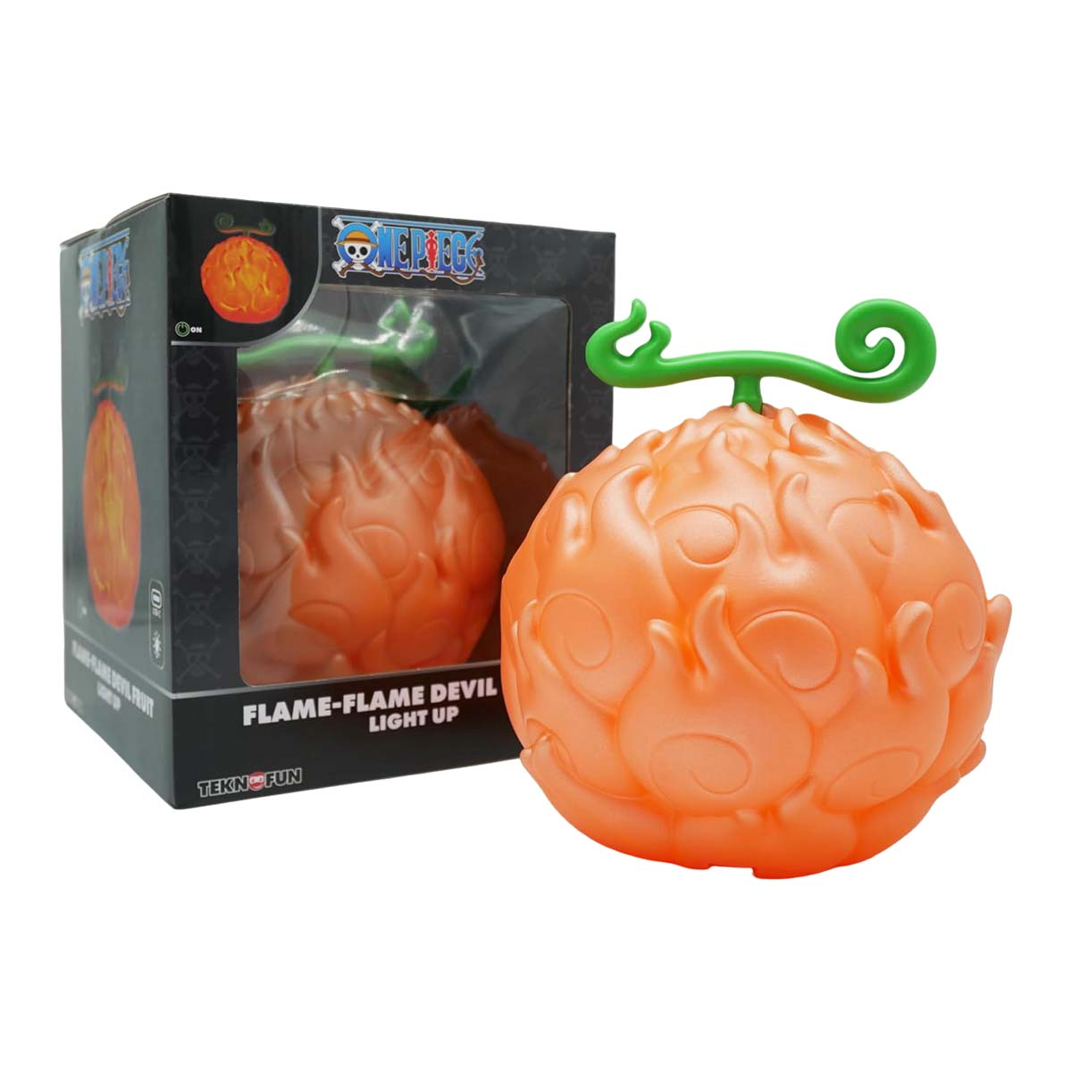 Orange Teufelsfrucht-Requisite mit Flammenmuster und grünem Stiel.