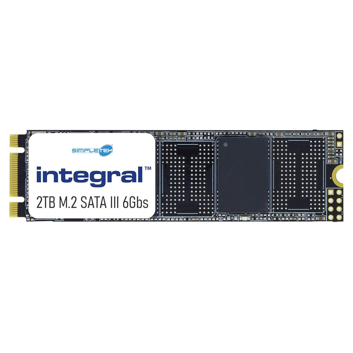 Integral 2TB M.2 SATA III SSD mit goldenem Anschluss und schwarzen Chips.