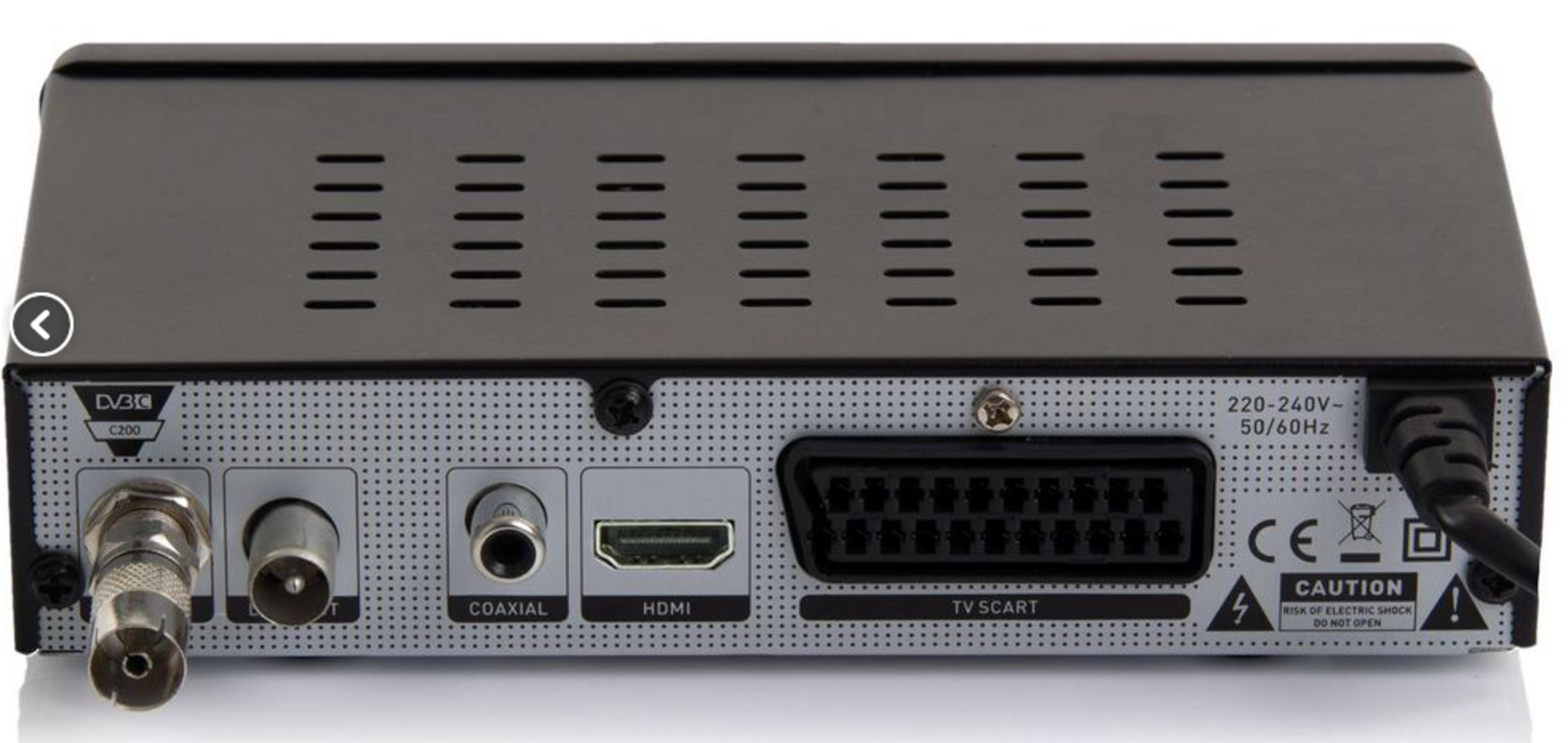 Rückseite eines schwarzen DVB-C Receivers mit Anschlüssen: Antenne, Koaxial, HDMI, TV SCART.