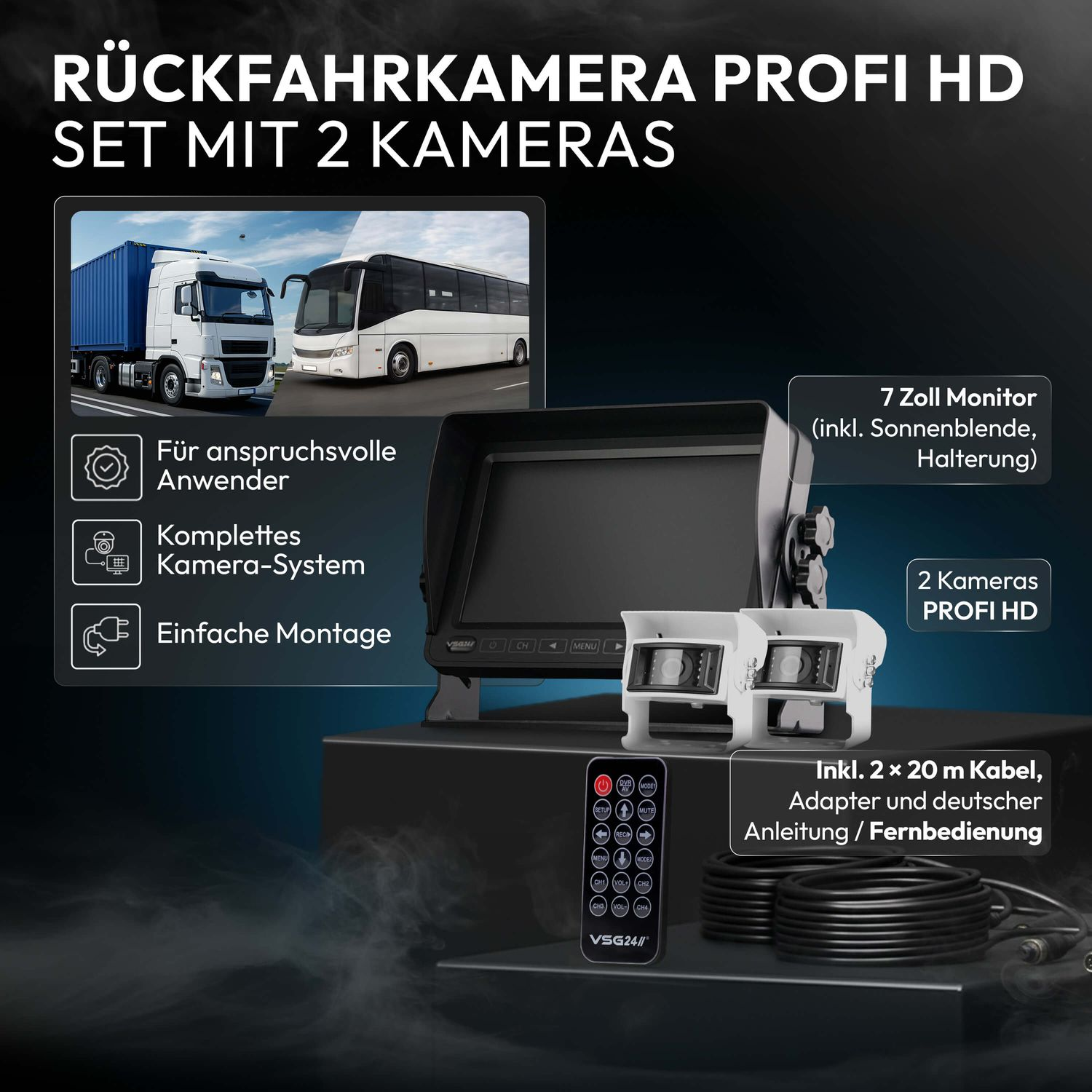Rückfahrkamera-Set mit 7-Zoll-Monitor, 2 Kameras, Kabel und Fernbedienung.
