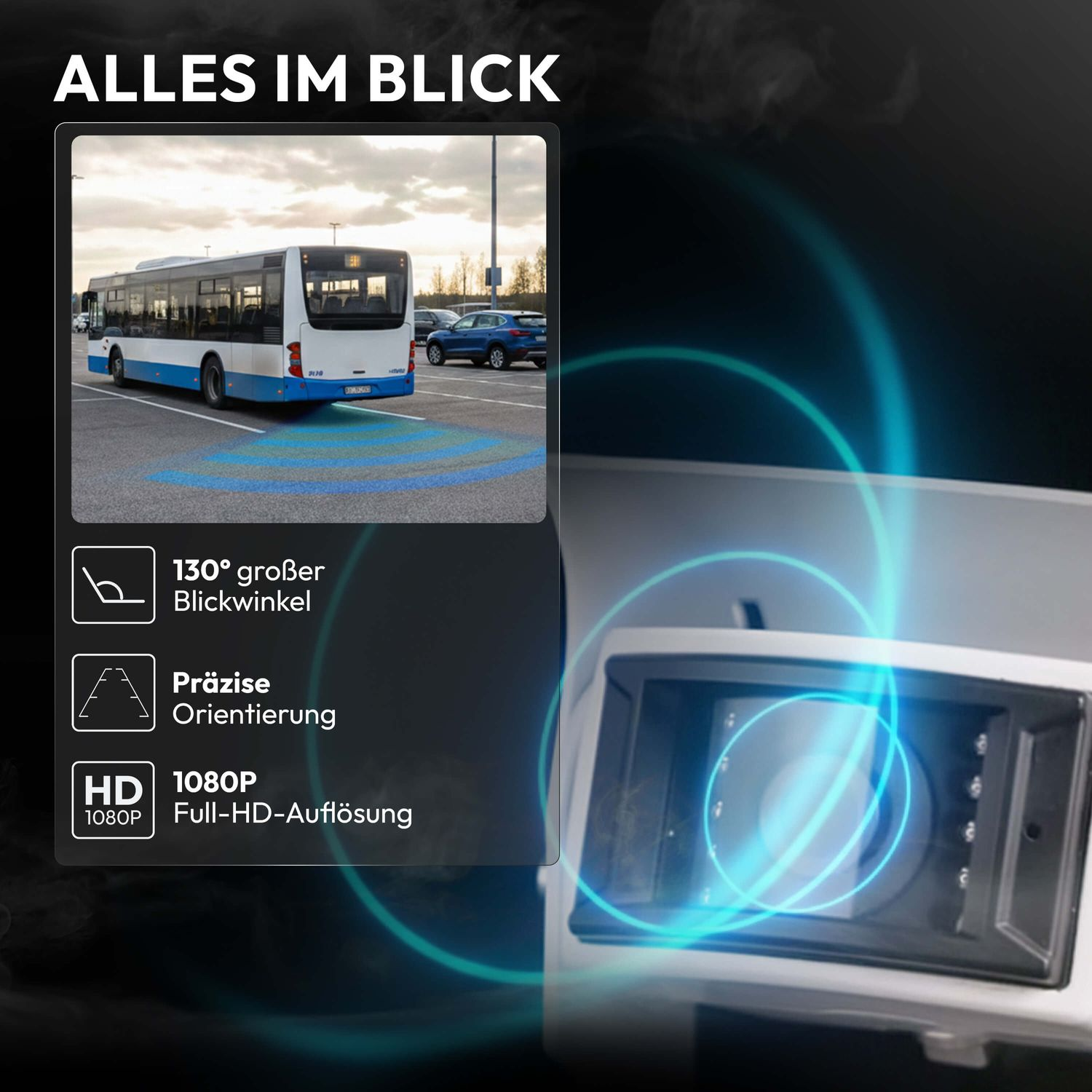Ein Bus parkt, mit blauen Linien, die seine Reichweite anzeigen. Kamera mit 130 Grad, präziser Ausrichtung.