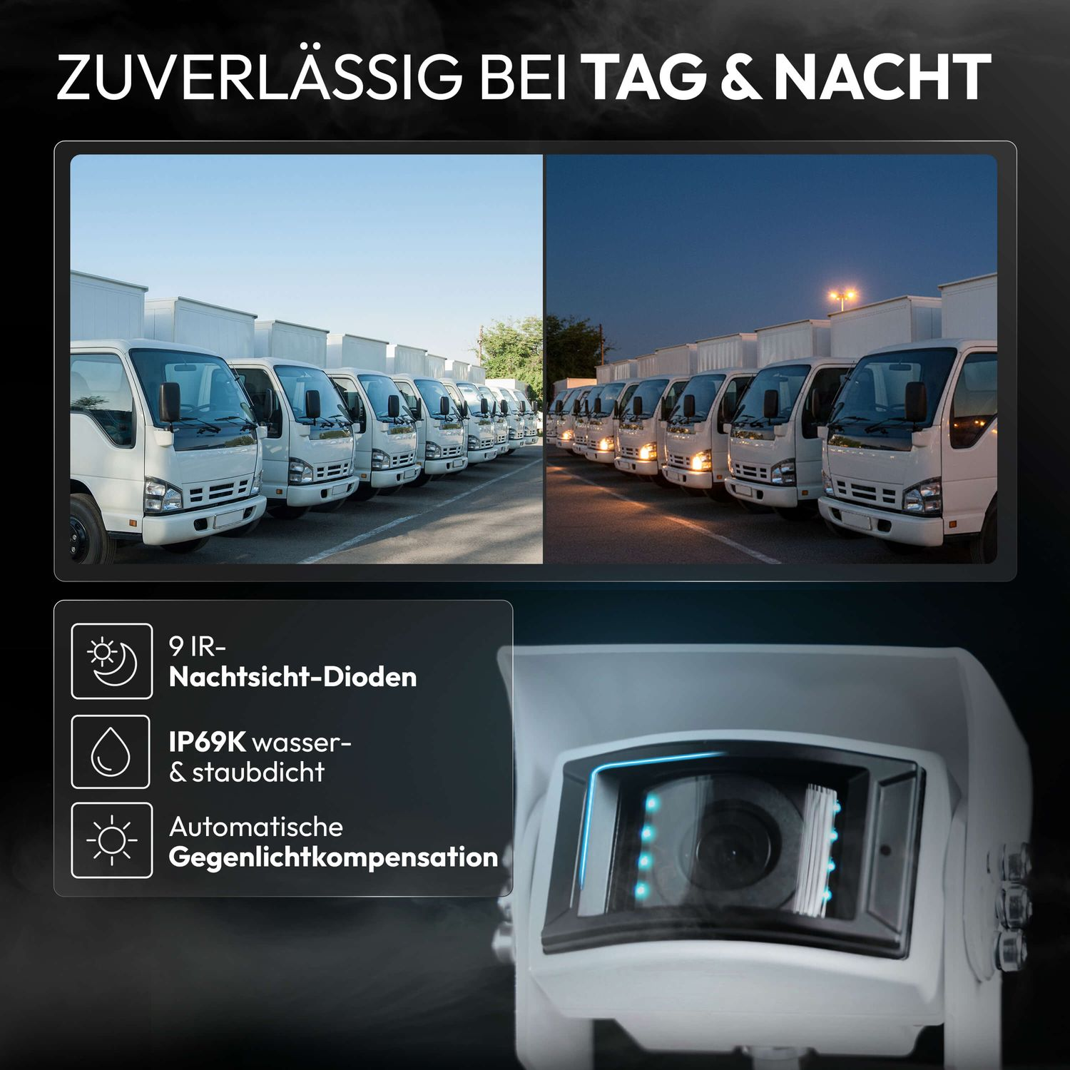 Reihen von weißen Lieferwagen am Tag und in der Nacht.