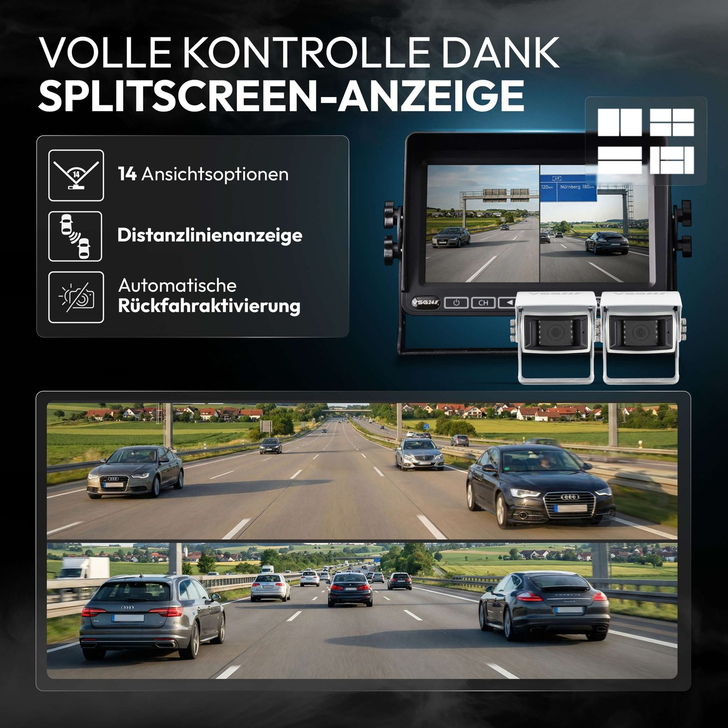 Split-Screen-Anzeige mit 14 Ansichten, Distanzlinien & Rückfahrkamera.
