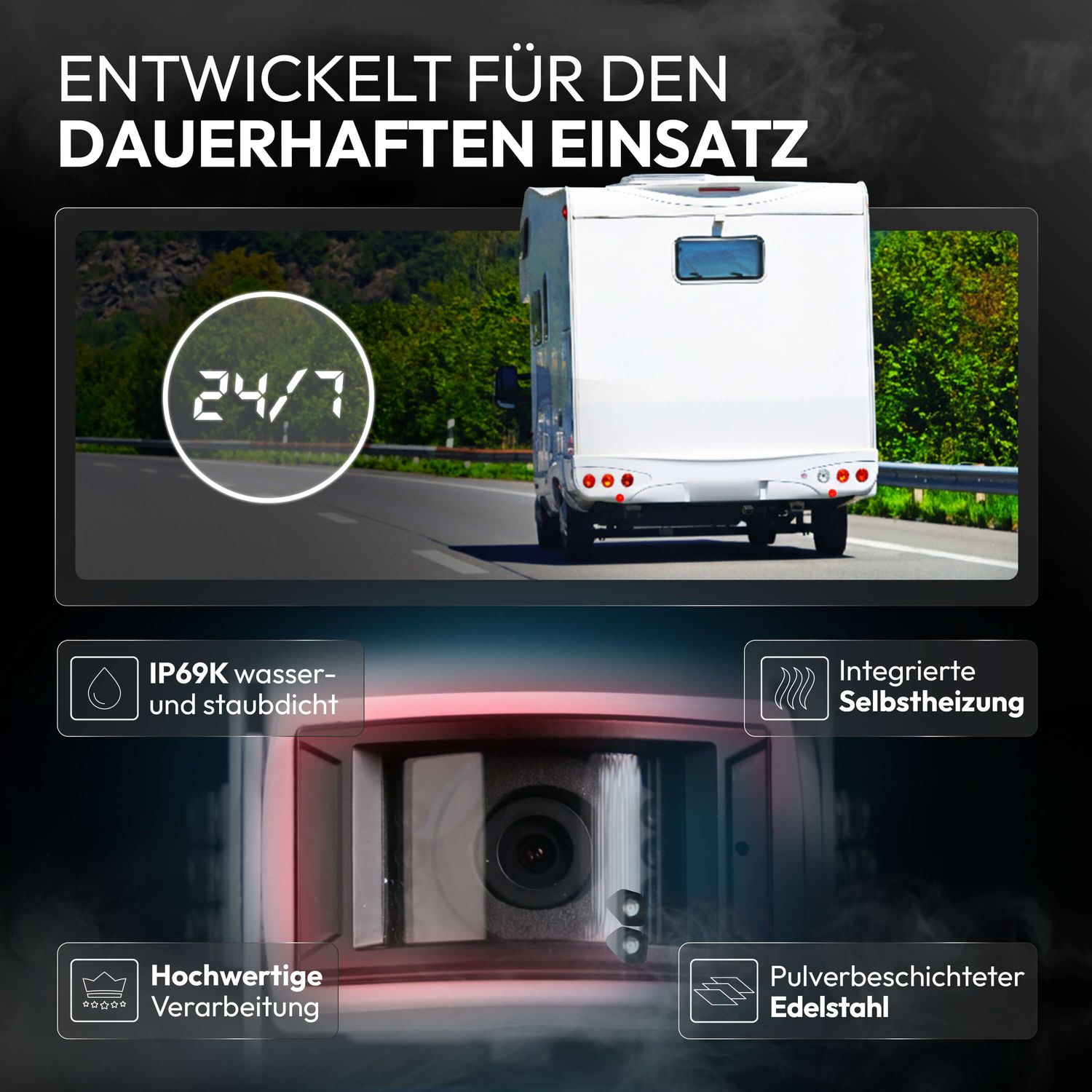 Wohnmobil auf Straße mit 24/7 Symbol und Produktmerkmalen.