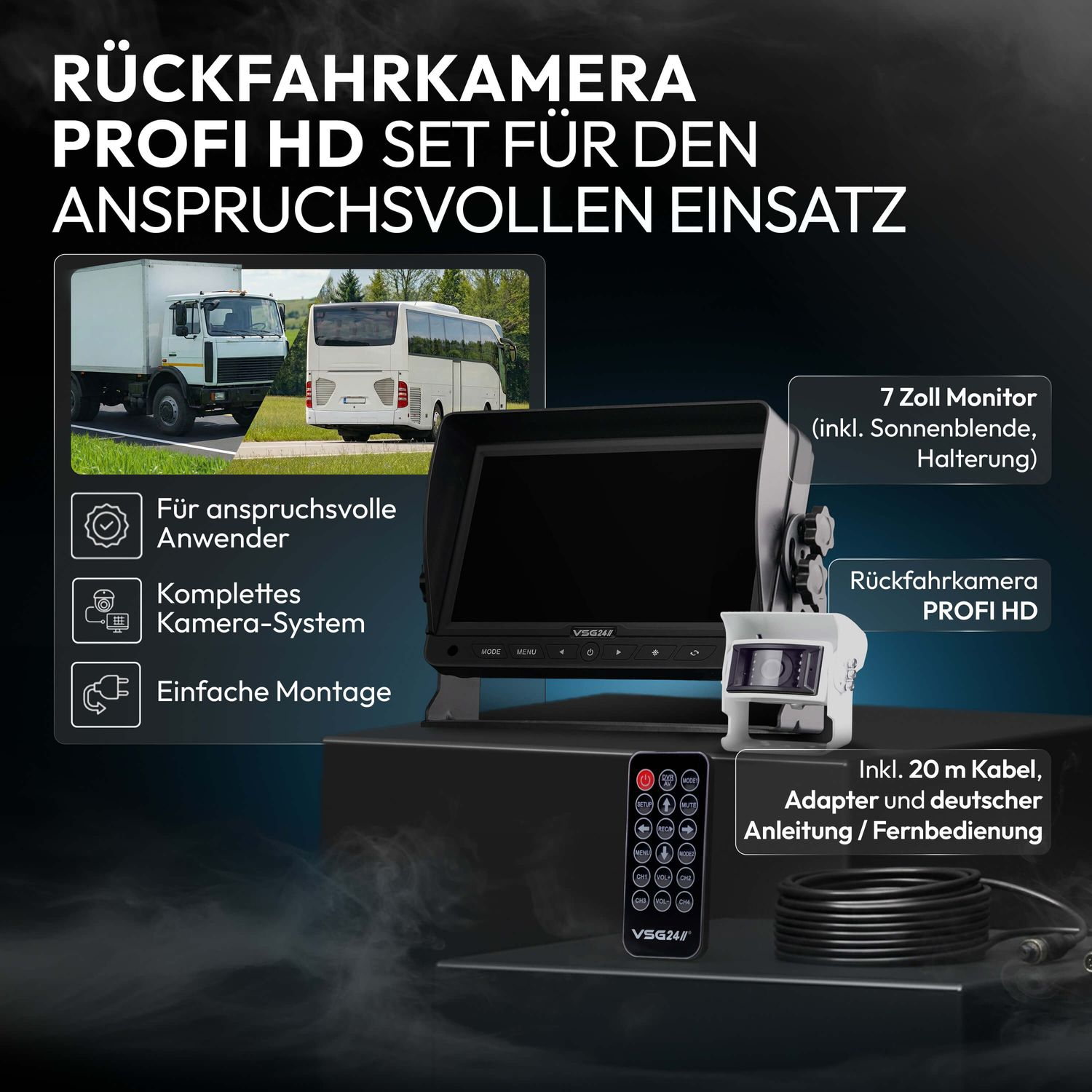Rückfahrkamera Profi HD Set mit 7 Zoll Monitor, Kamera, Kabel und Fernbedienung.