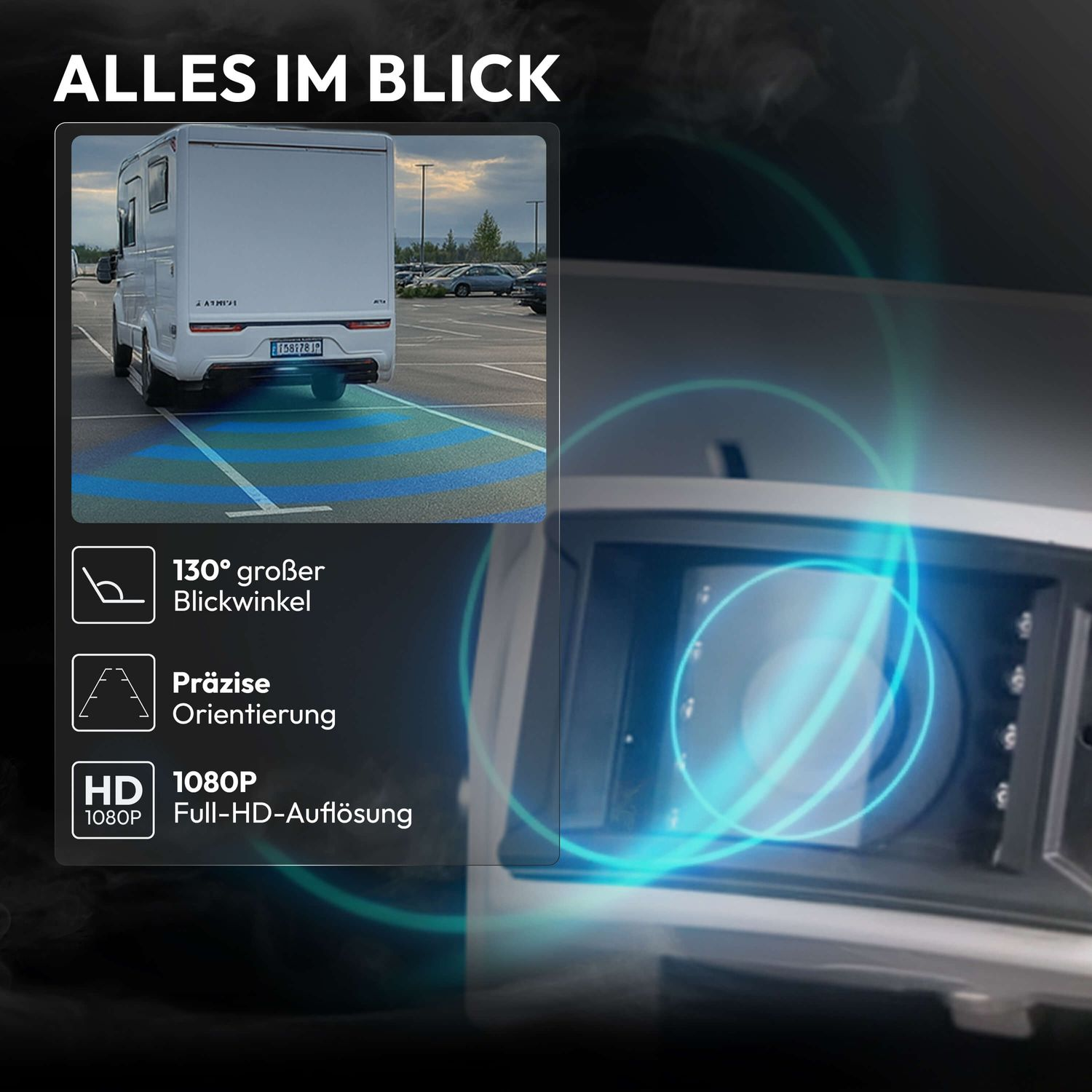 Wohnmobil mit Parksensoren und 130° Weitwinkel-HD-Kamera.