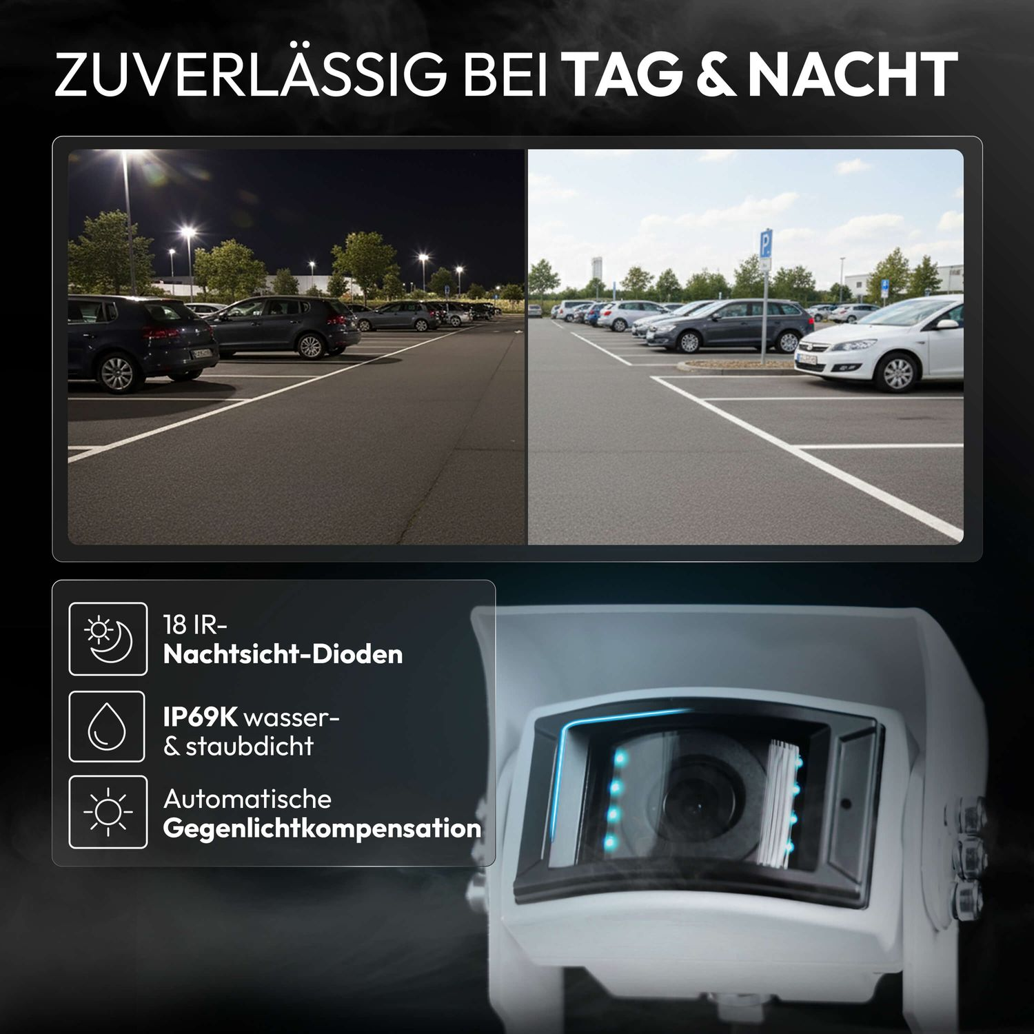 Überwachungskamera mit Tag- und Nachtsicht, IP69K, 18 IR-Dioden.
