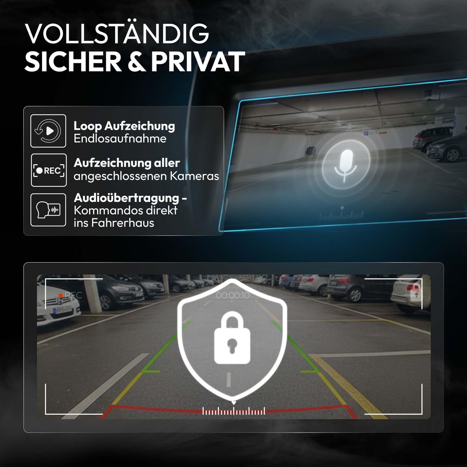 Bildschirm mit Text und Bildern, die Aufzeichnung, Sicherheit und Privatsphäre zeigen.