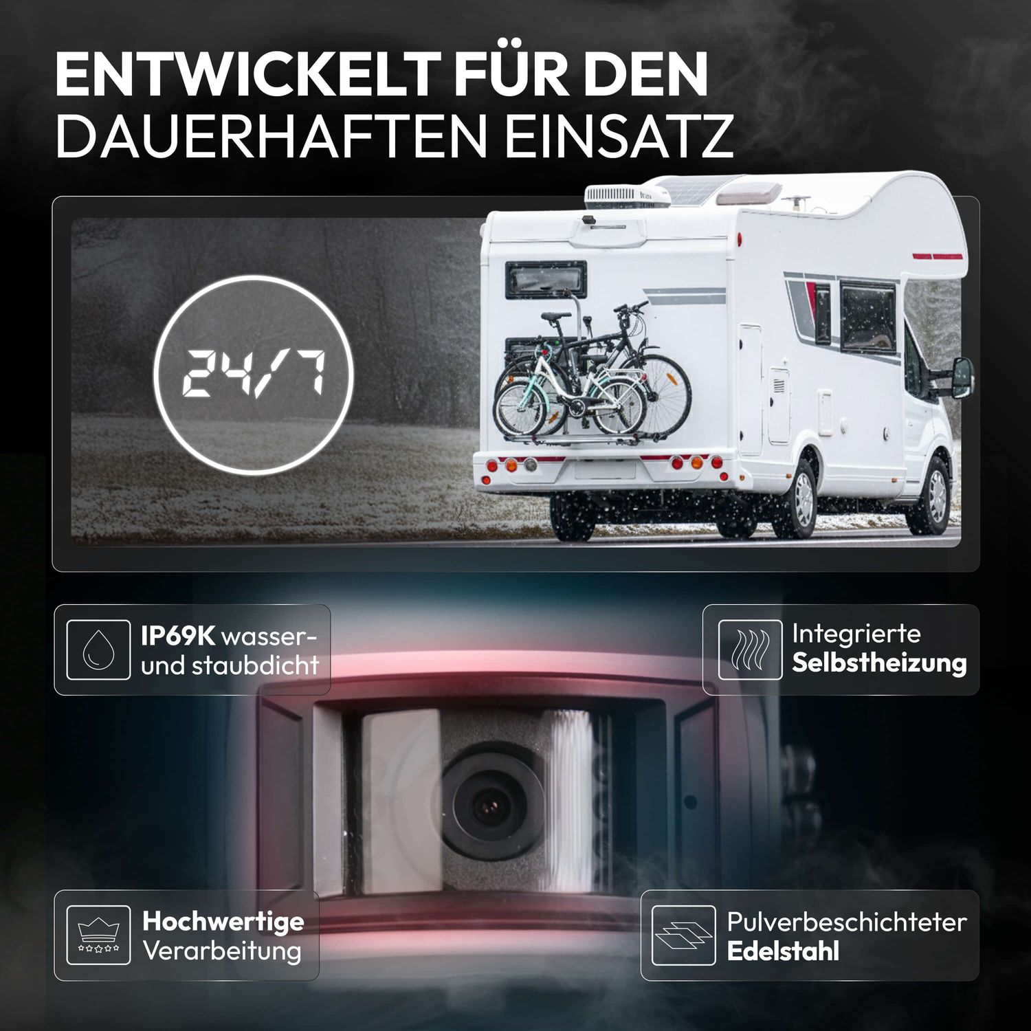 Wohnmobil mit Fahrrädern, 24/7 Anzeige und Details zu Features.