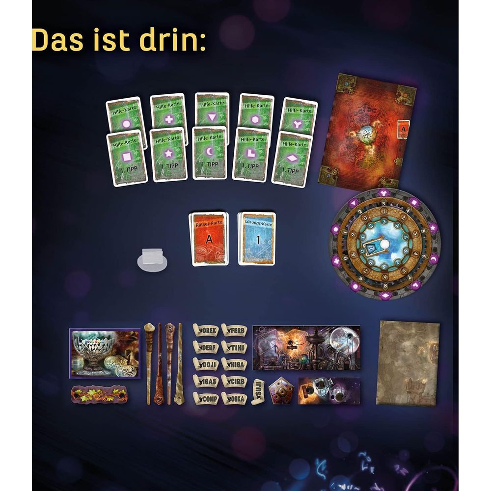 Spielkomponenten: Karten, ein Spielbrett und verschiedene Marker auf dunklem Hintergrund.