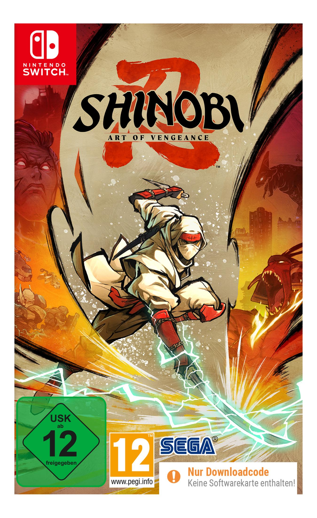 Un ninja in abito bianco e maschera rossa brandisce una spada. Loghi SEGA e Nintendo Switch.
