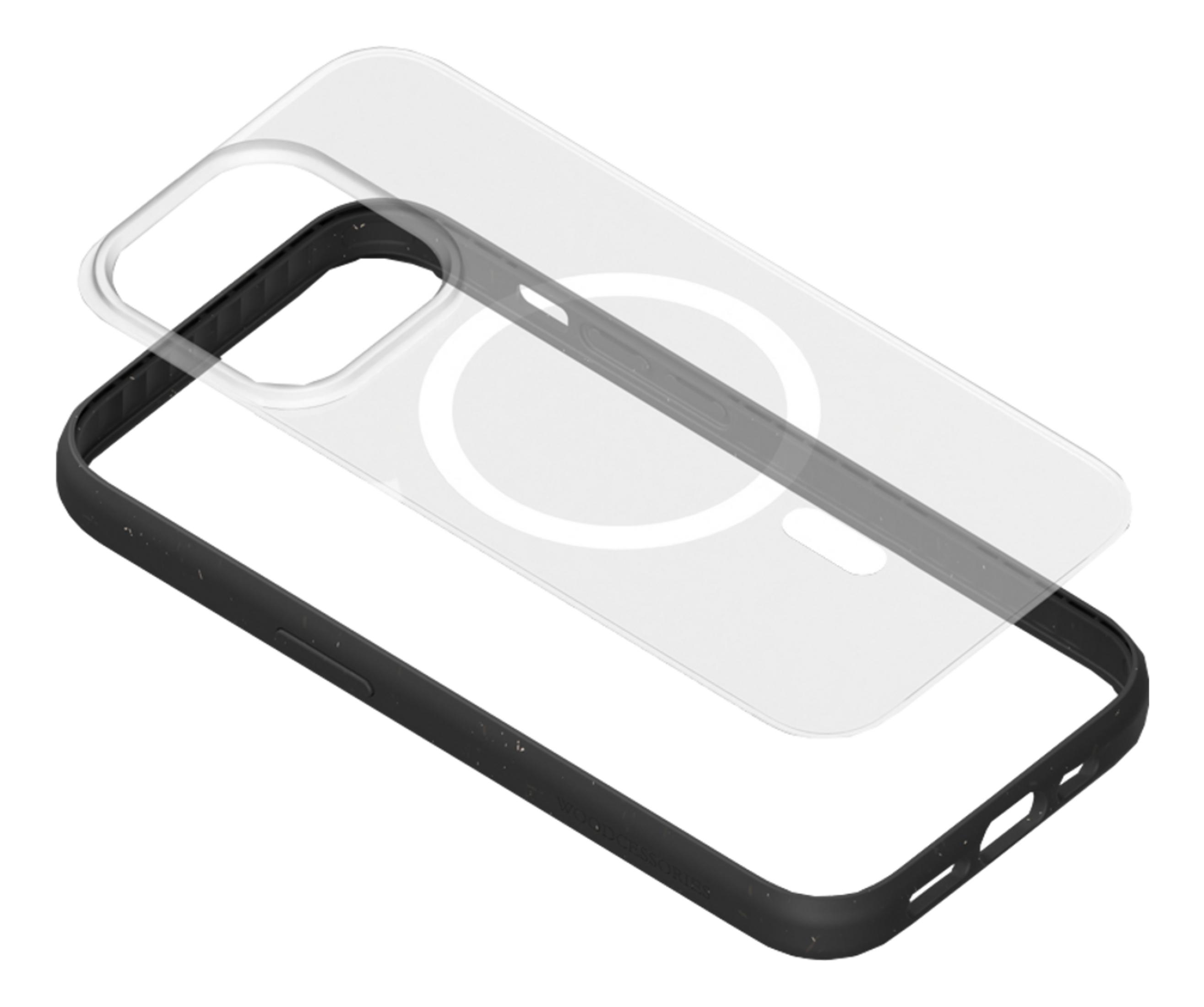 Una custodia per telefono nera e trasparente.