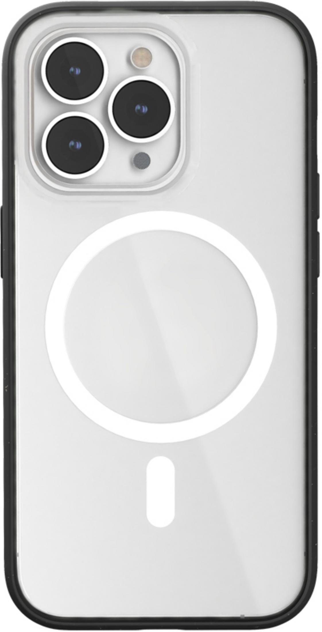 Una custodia trasparente per telefono con bordo nero, che mostra tre obiettivi della fotocamera.
