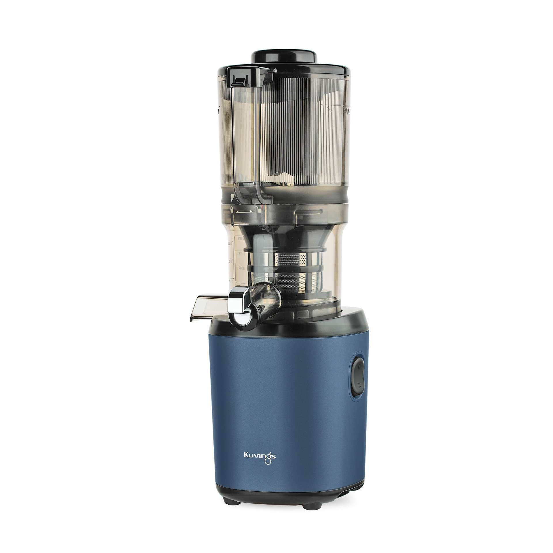 Un estrattore di succo blu con contenitore trasparente e coperchio nero.