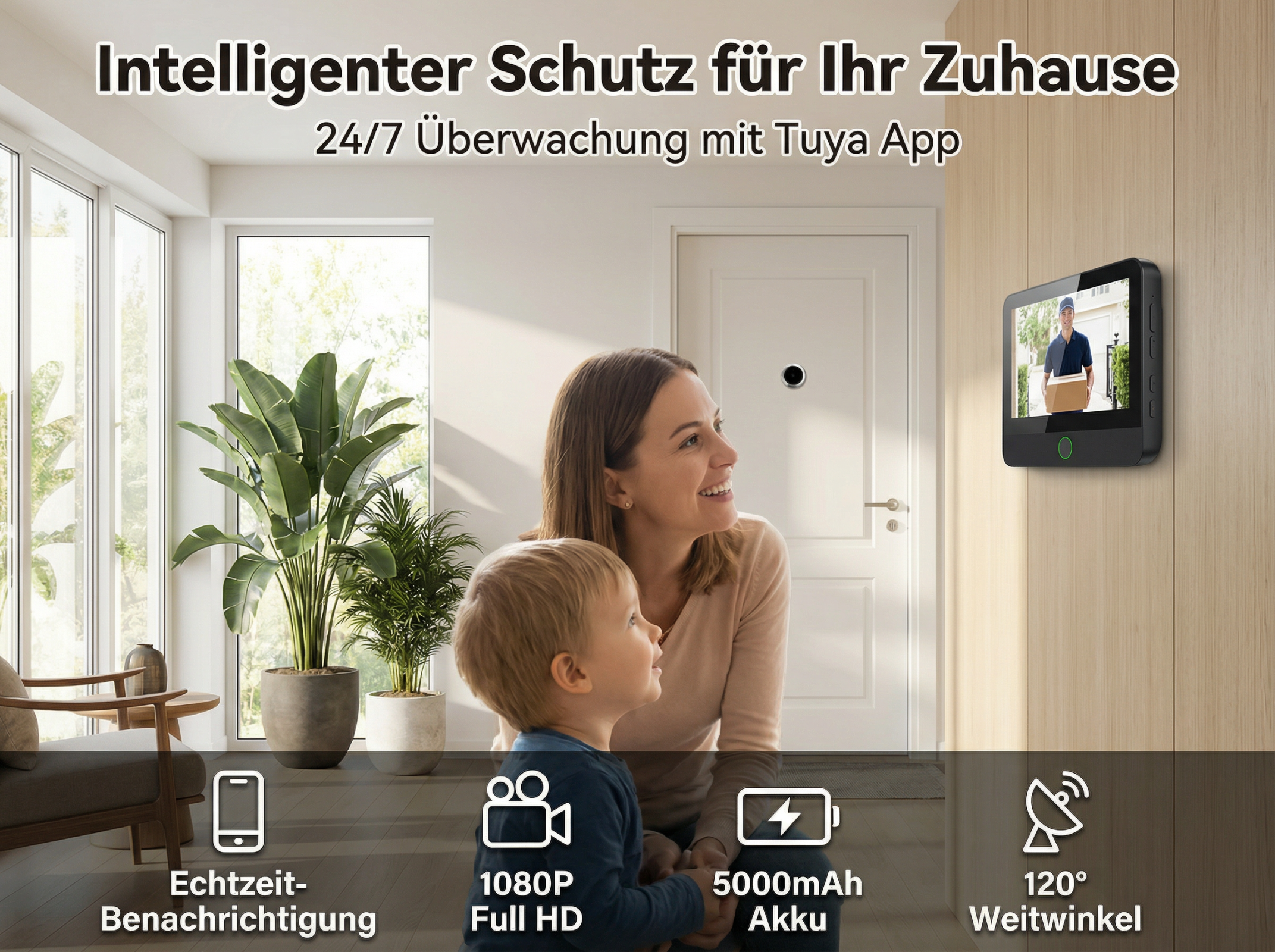 Frau und Kind blicken auf Türspion mit Paketboten-Anzeige. Pflanzen im Haus.