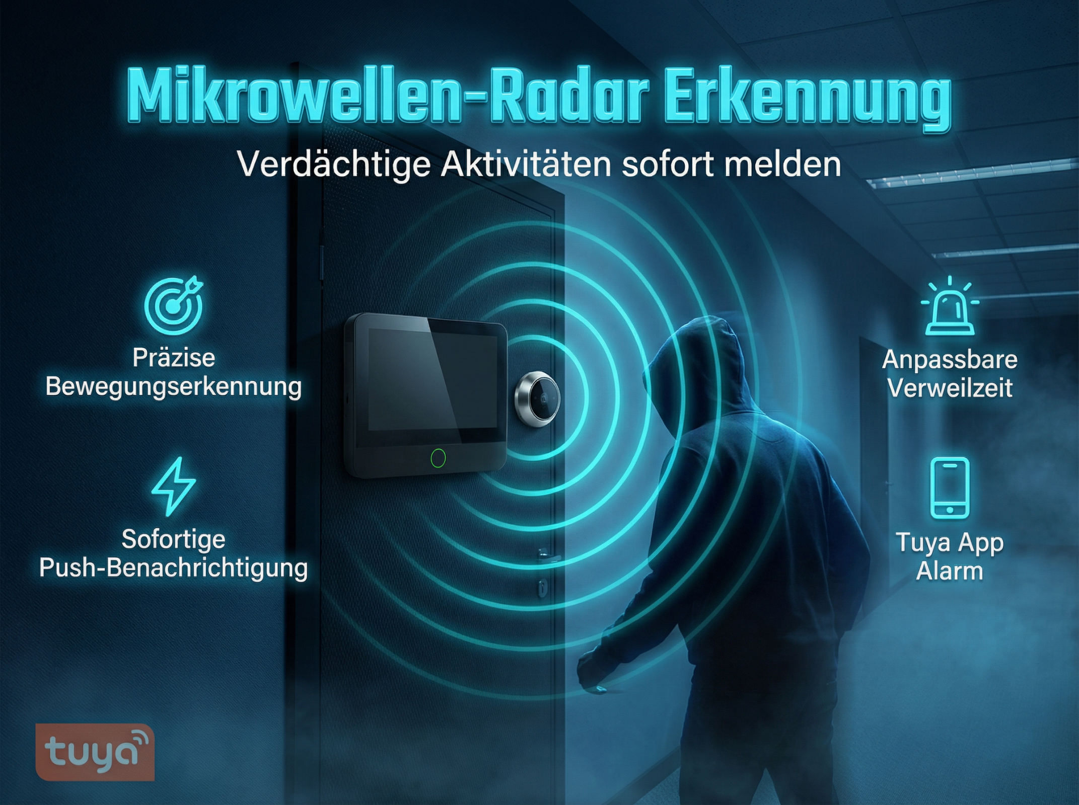 Ein Mann mit Kapuze nähert sich einer Tür mit einem digitalen Türspion. Radarwellen gehen vom Gerät aus.