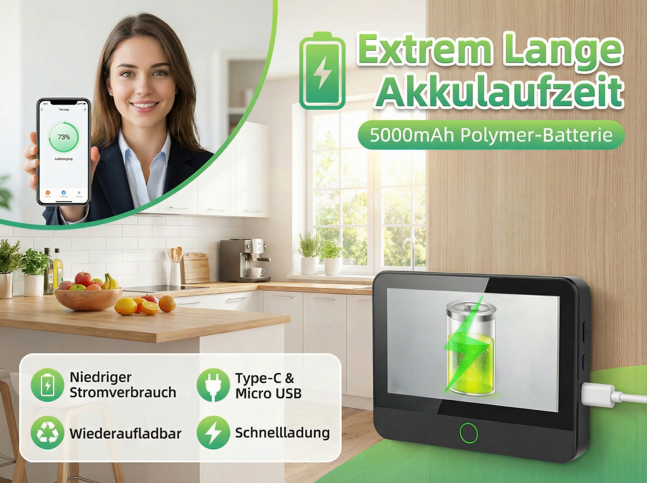 Frau mit Handy zeigt 73% Akku. Ein Gerät lädt. Text über lange Akkulaufzeit.
