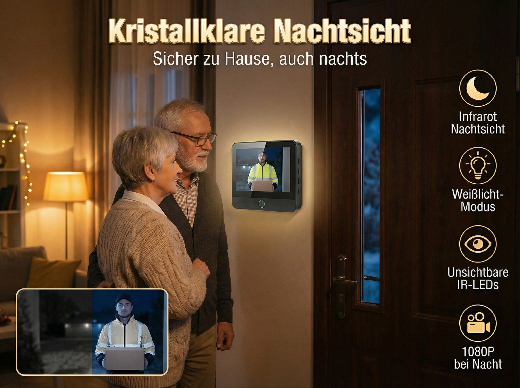 Älteres Paar schaut auf eine Türklingel-Kamera, die einen Lieferboten zeigt.