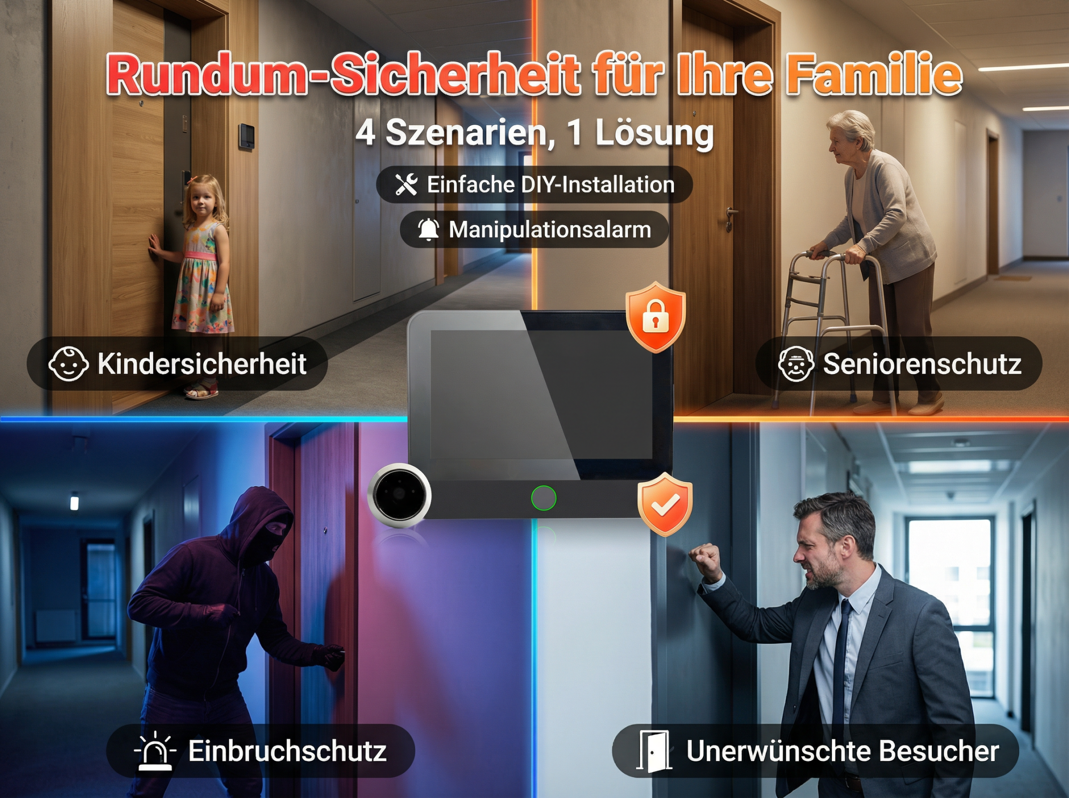 Eine Collage zeigt vier Szenarien für Sicherheit zu Hause.