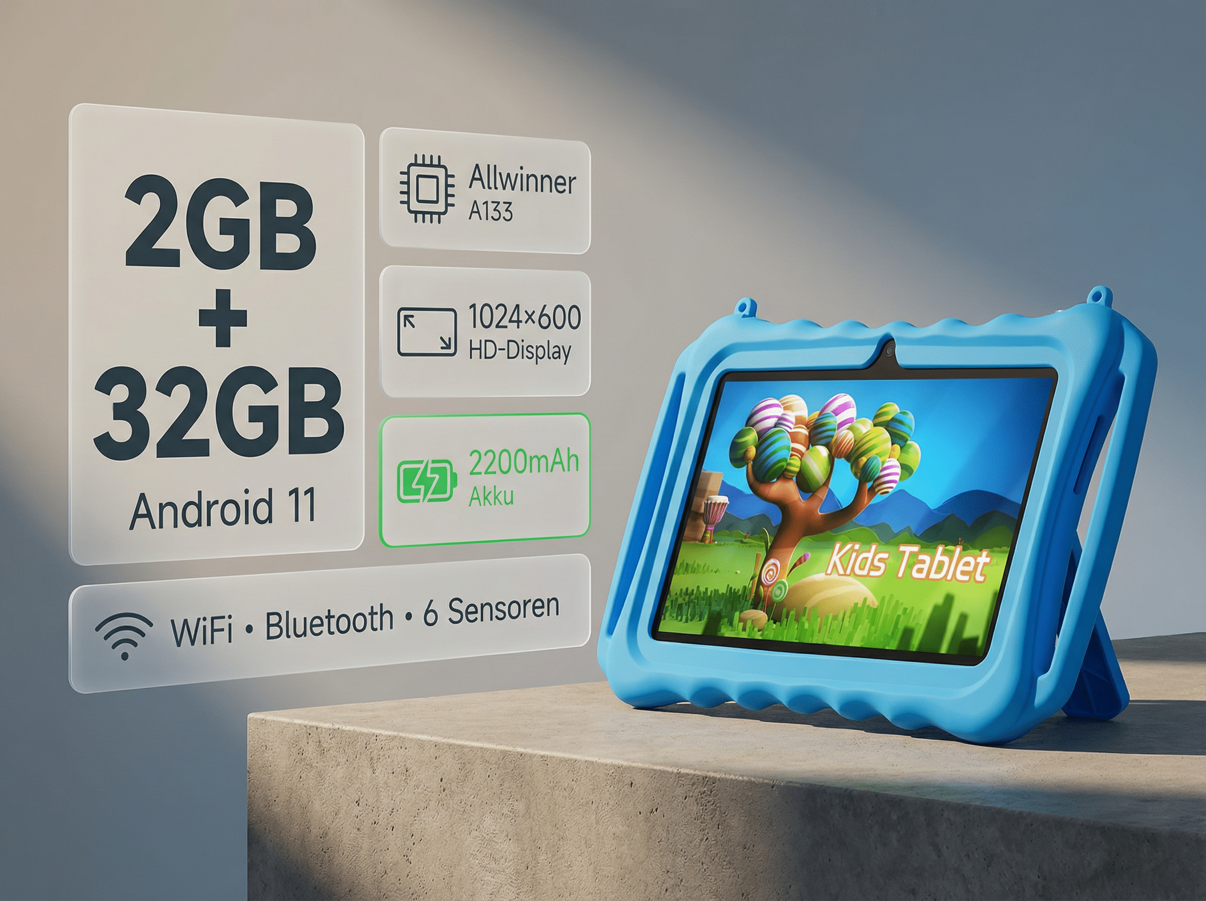 Ein blaues Kinder-Tablet mit buntem Bildschirm, das Spezifikationen wie 2GB+32GB, Android 11 zeigt.