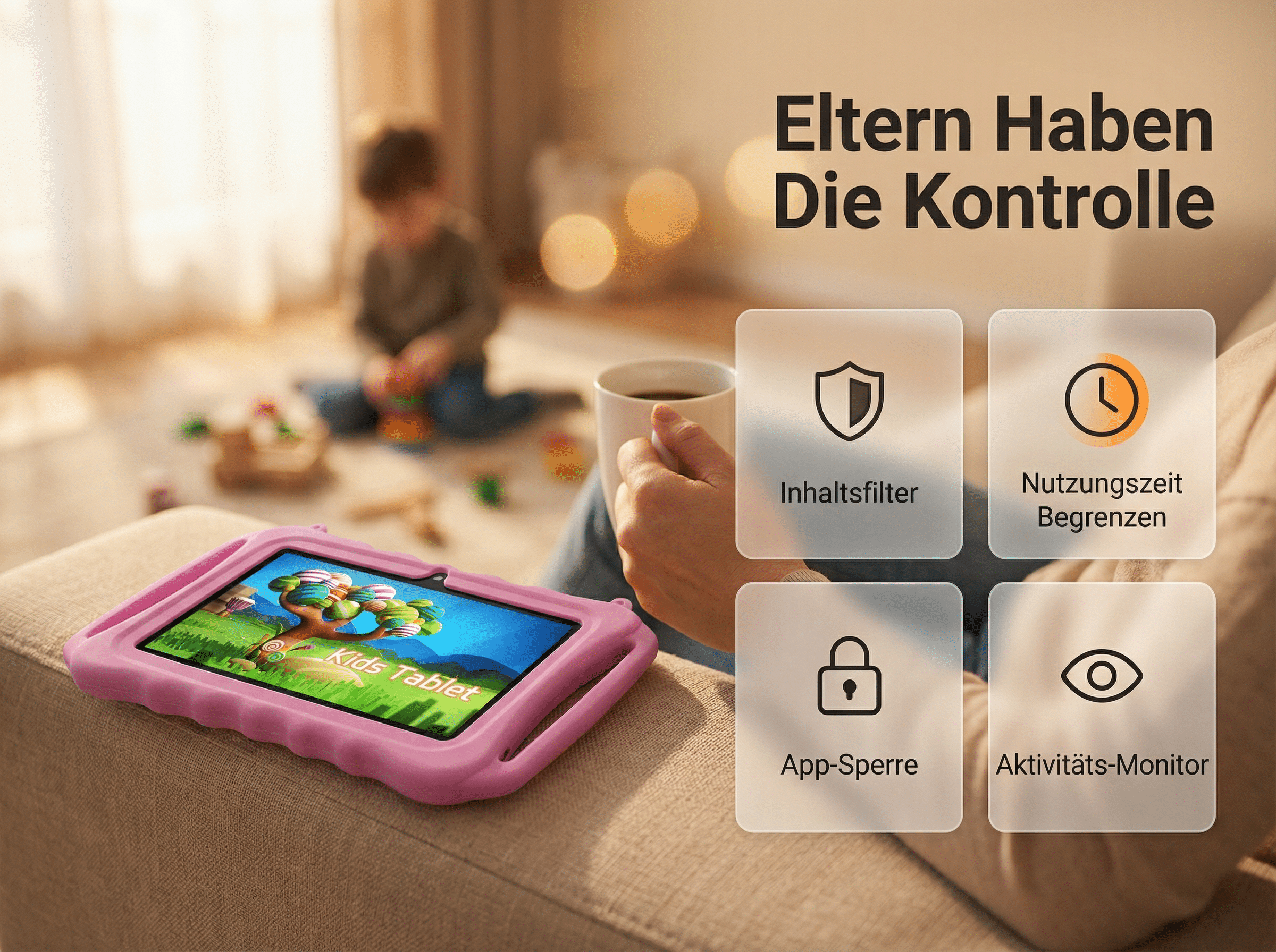 Ein rosafarbenes Kinder-Tablet mit lustigem Bildschirm liegt auf einem Sofa. Daneben ein Becher Kaffee.