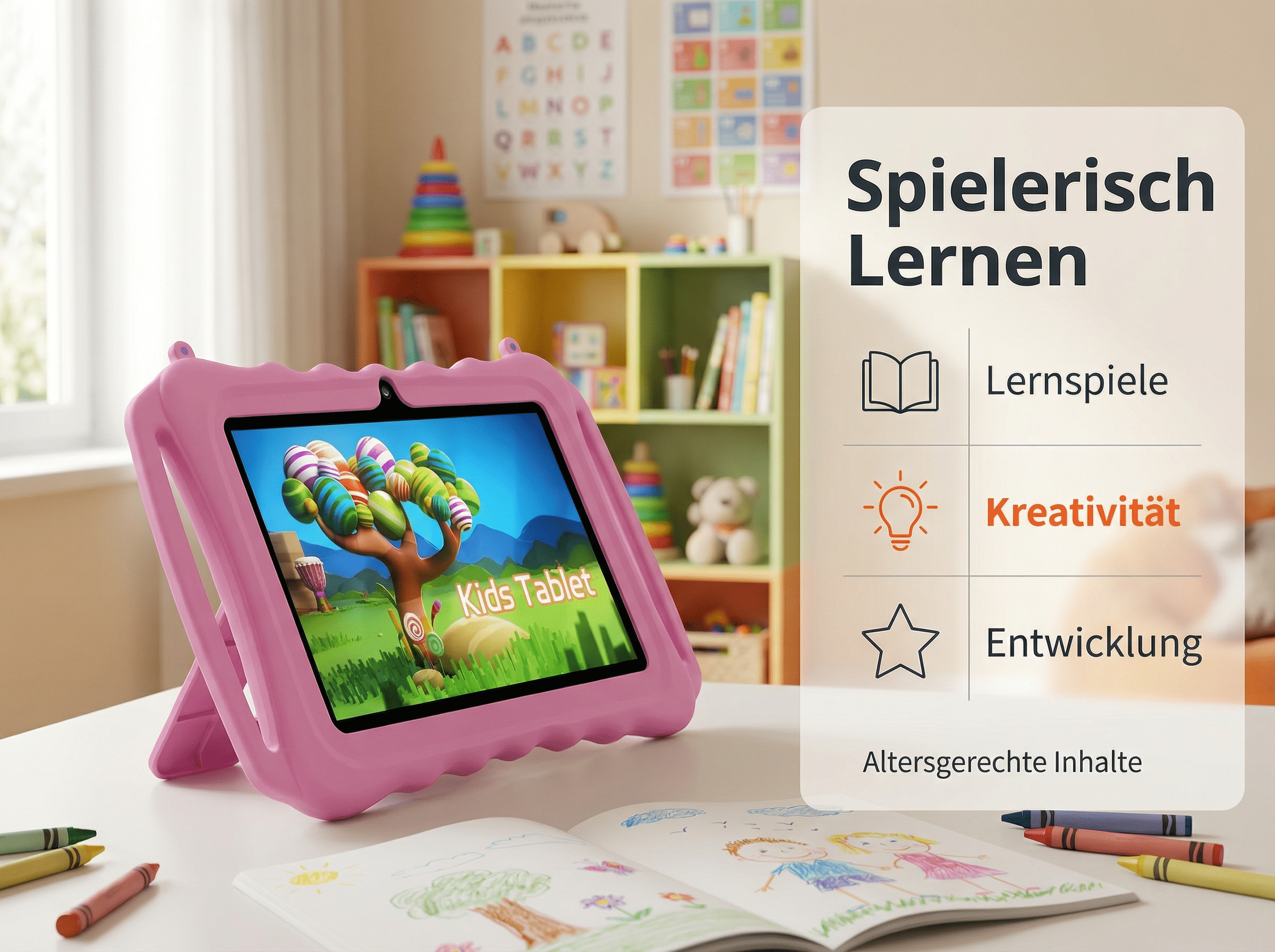 Pinkes Kinder-Tablet auf einem Schreibtisch mit Malbuch und Buntstiften.