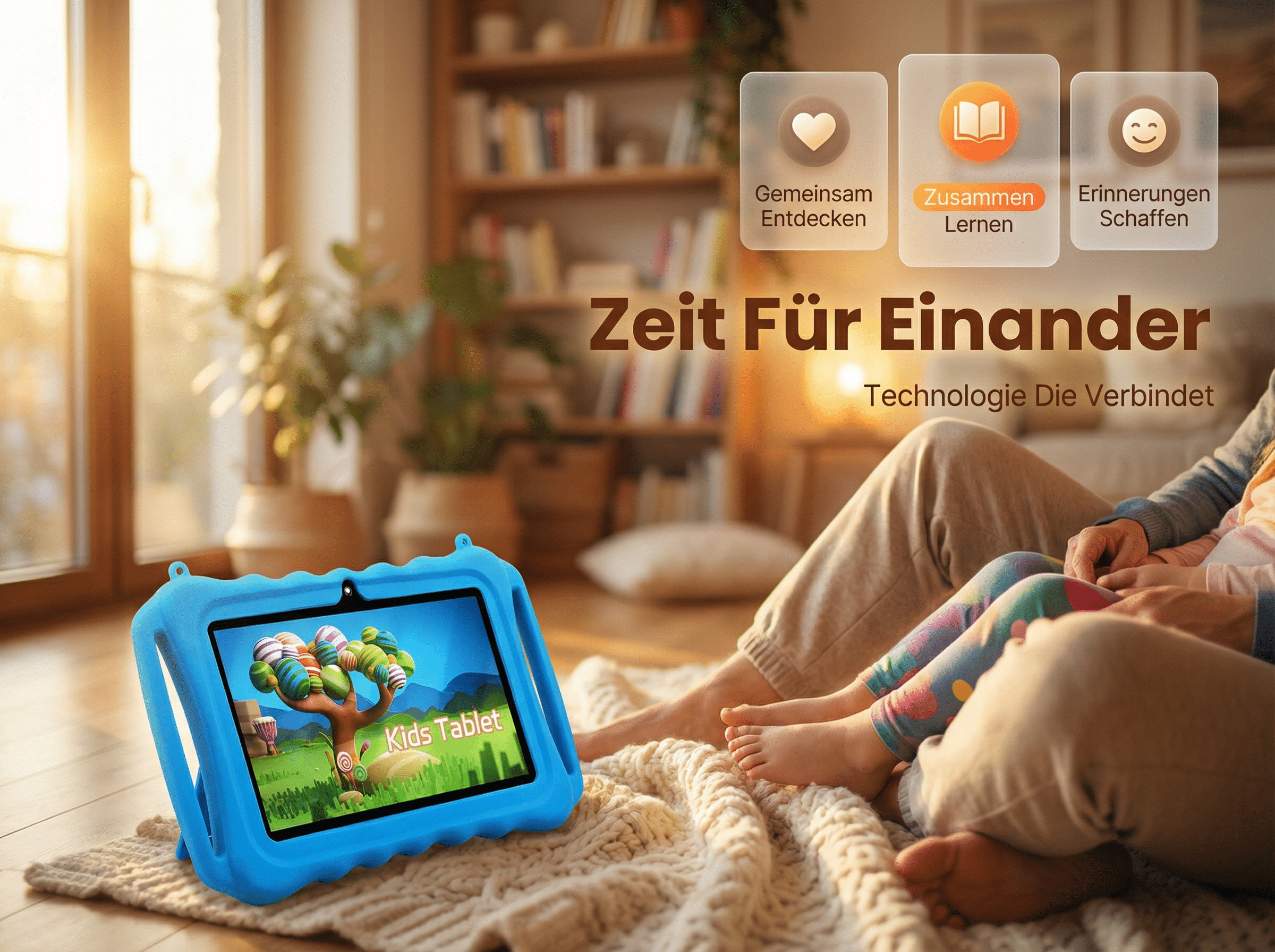 Ein blaues Kinder Tablet mit bunten Ostereiern auf dem Bildschirm liegt auf einer Decke.