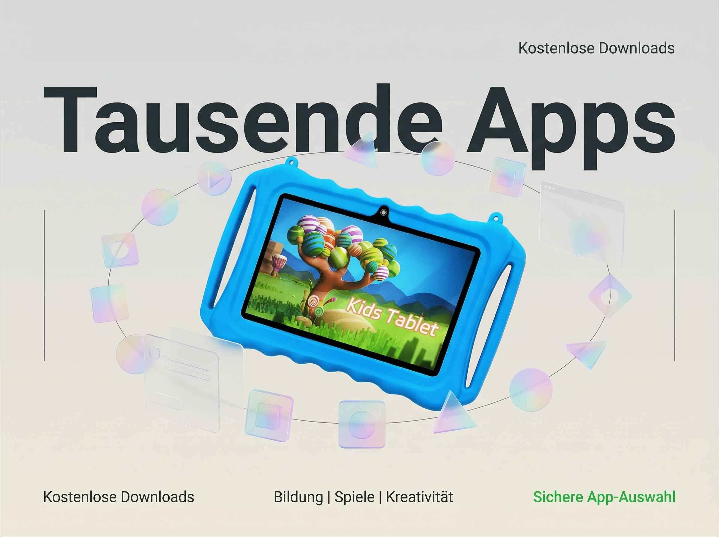 Blaues Kinder-Tablet mit bunter App-Oberfläche, umgeben von abstrakten Formen.