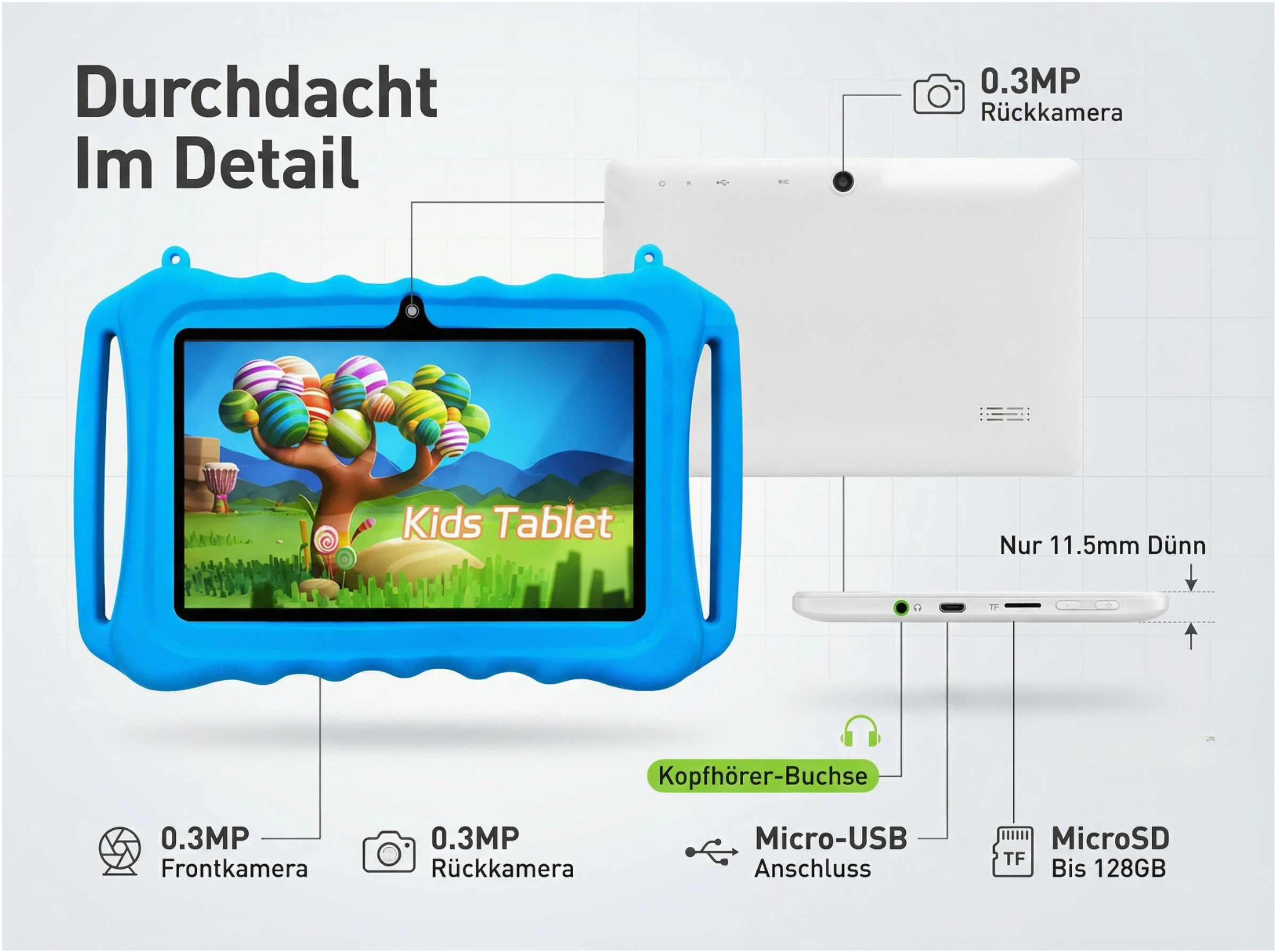 Blaues Kinder-Tablet mit bunter Bildschirmgrafik, Vorder- und Rückkamera.