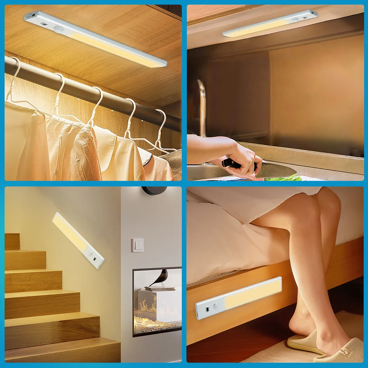 Barre LED illuminano armadio, cucina, scale e zona letto.