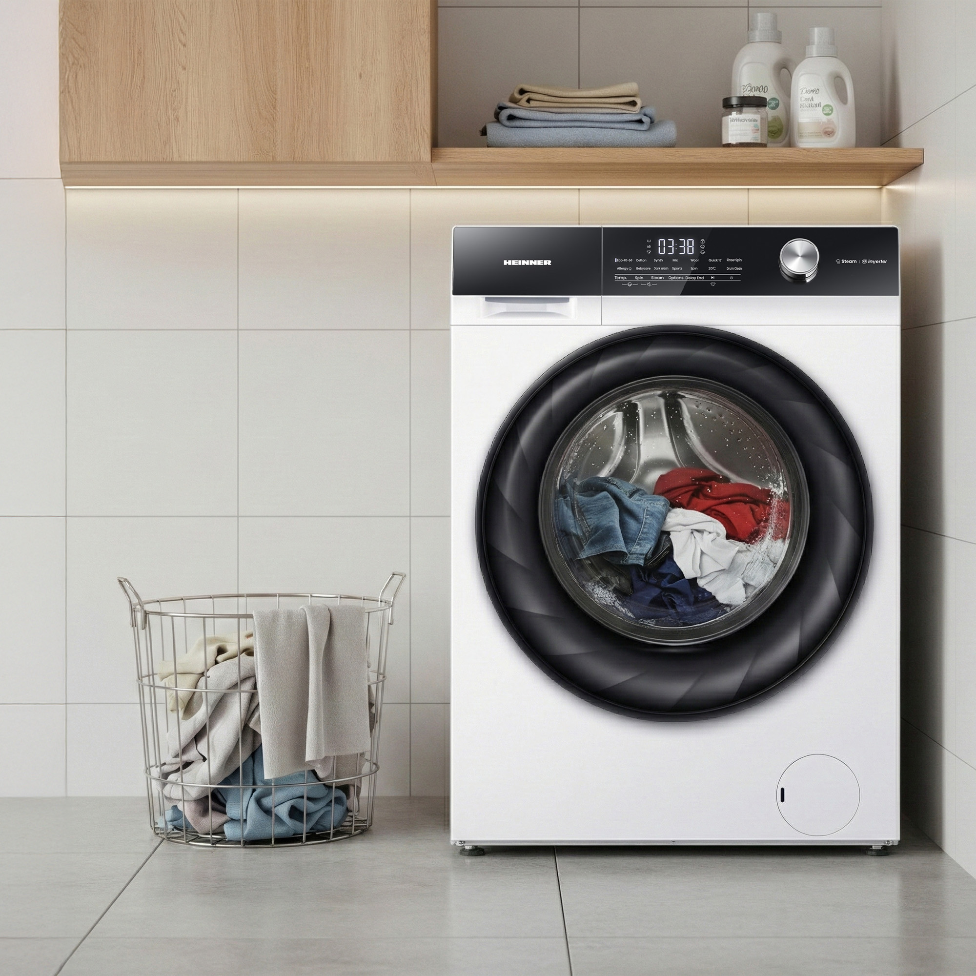 A white washing machine with a drum full of clothes stands next to a laundry basket.