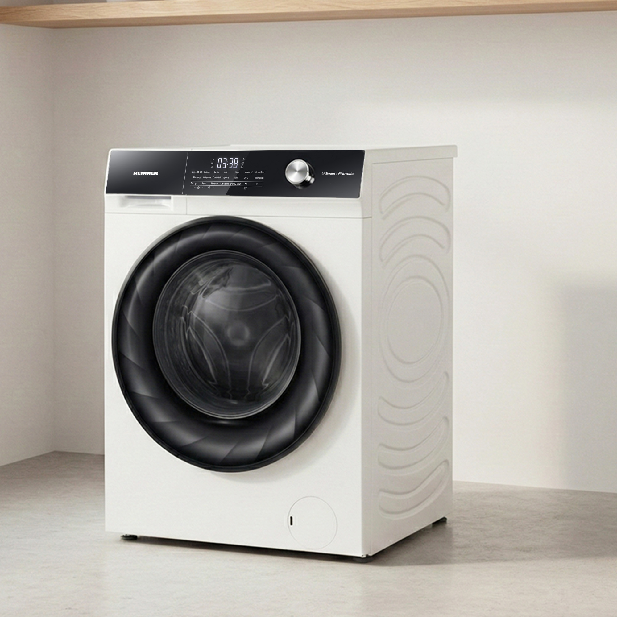 A white washing machine with a black door and a digital display.